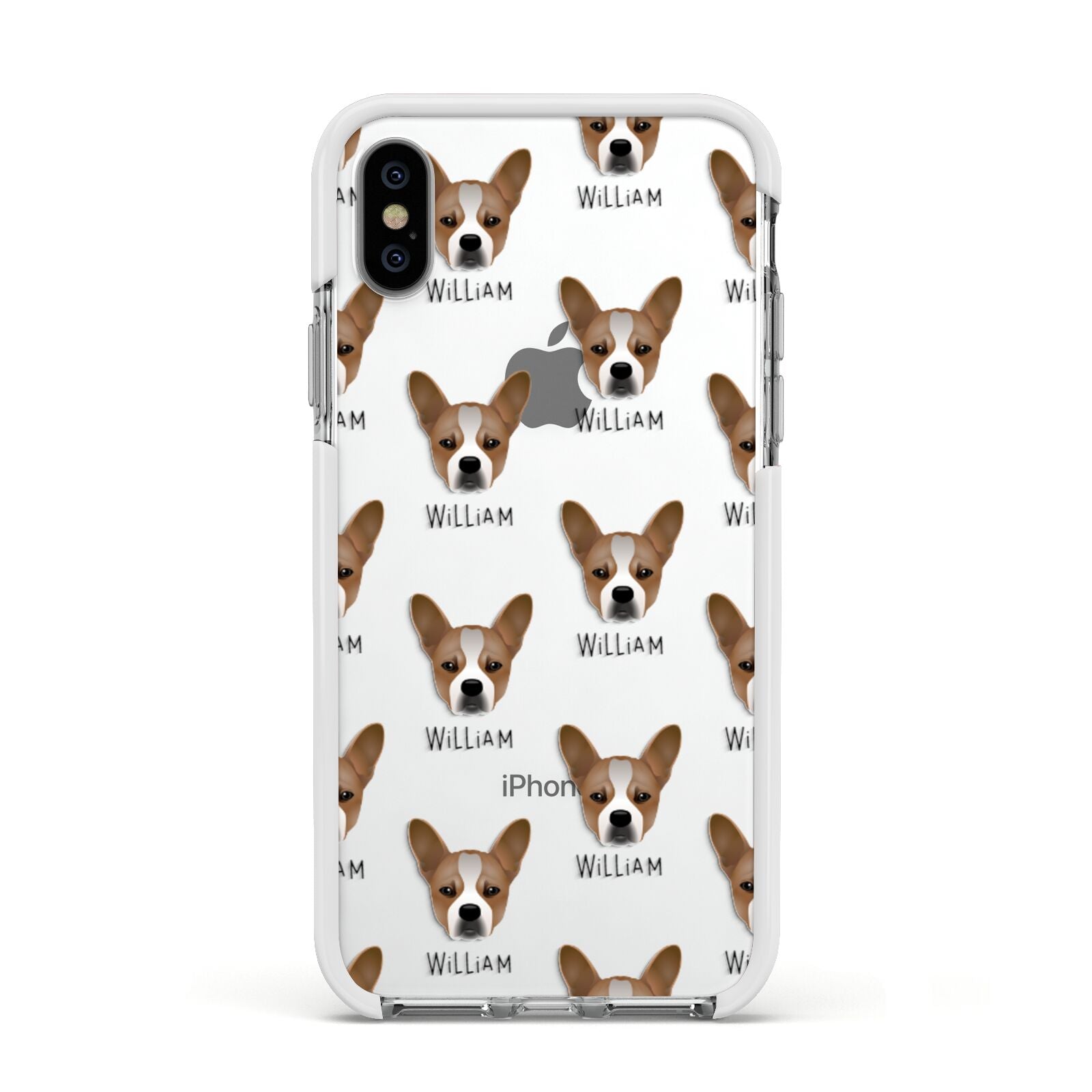 French Bull Jack Icon with Name Apple iPhone Xs Impact Case White Edge on Silver Phone