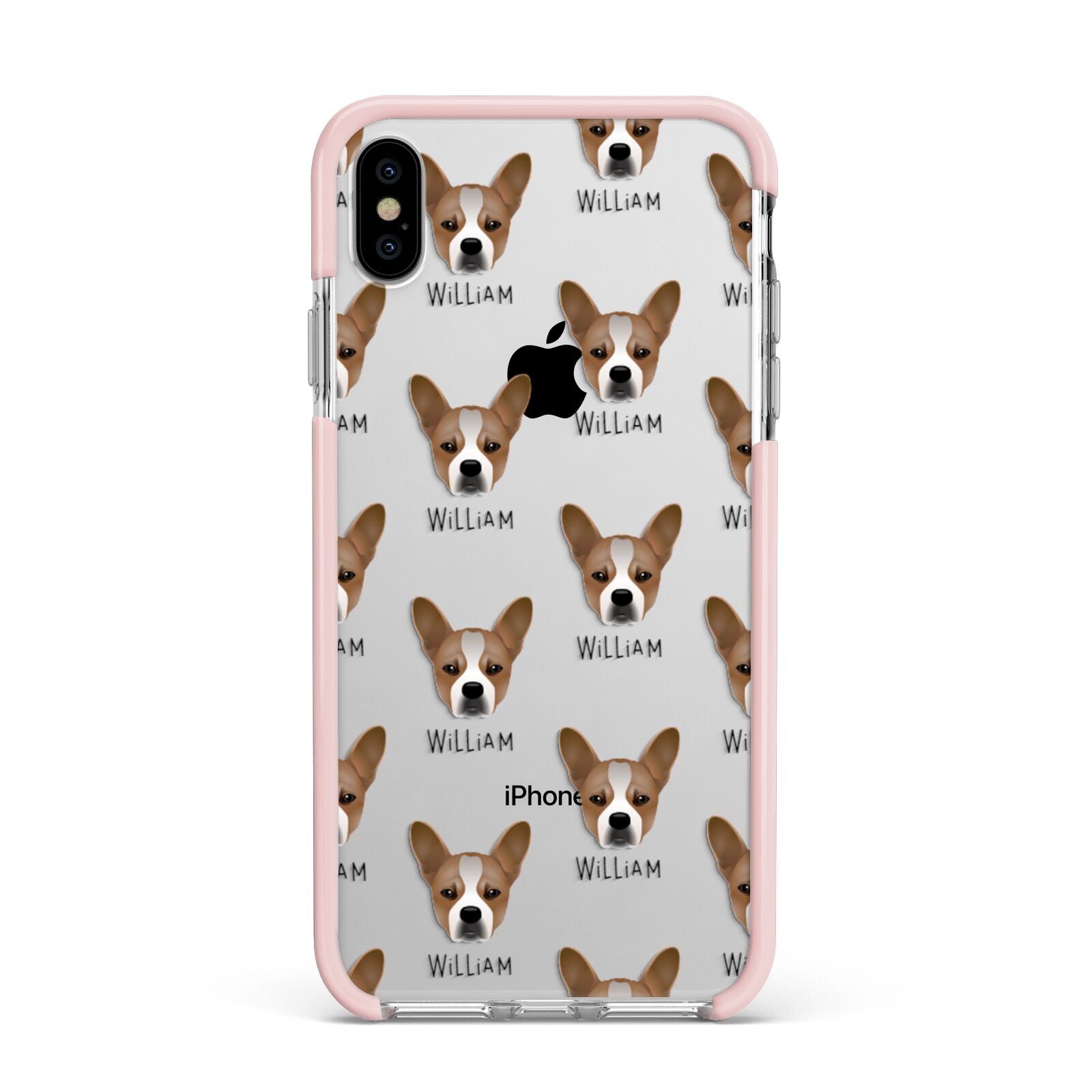 French Bull Jack Icon with Name Apple iPhone Xs Max Impact Case Pink Edge on Silver Phone