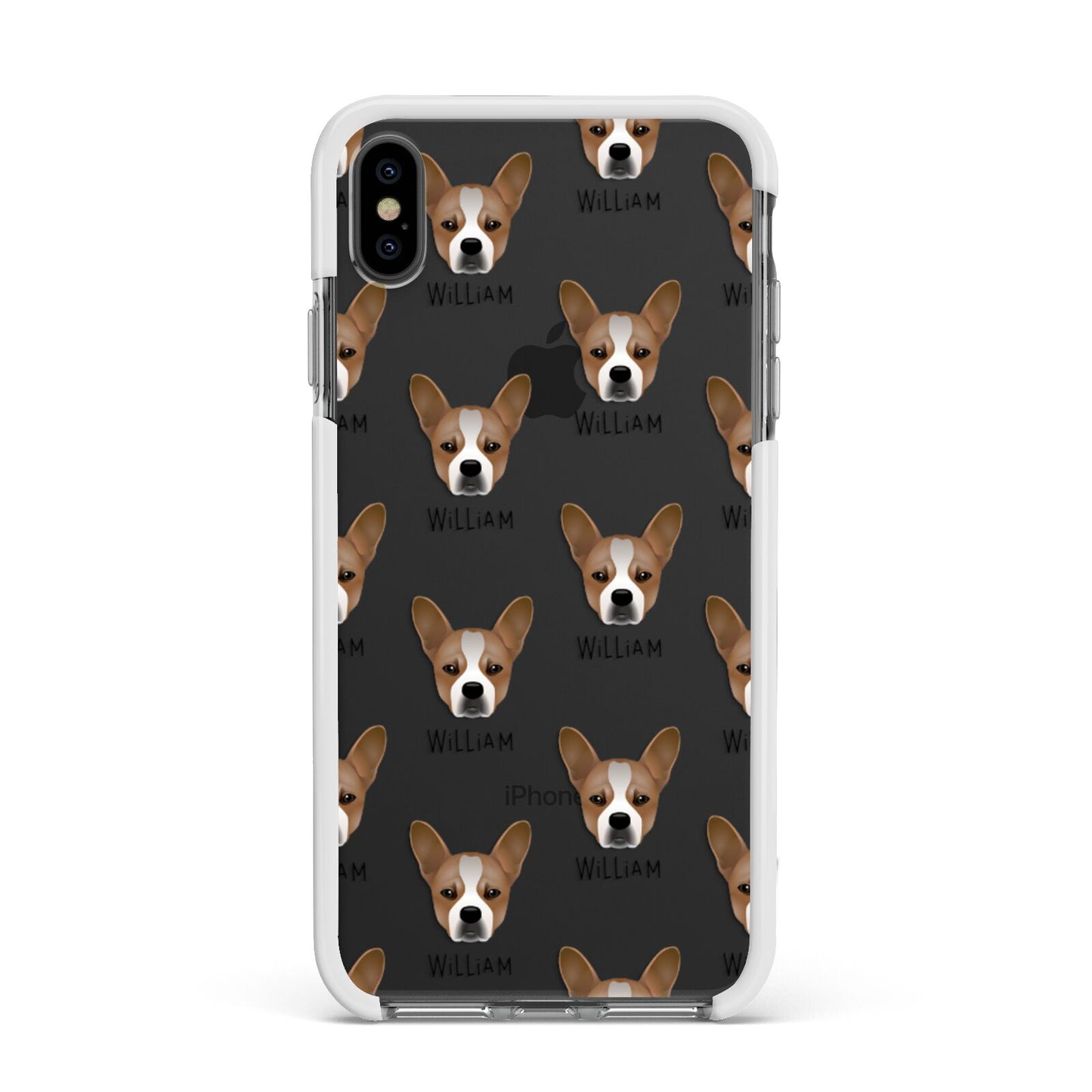 French Bull Jack Icon with Name Apple iPhone Xs Max Impact Case White Edge on Black Phone