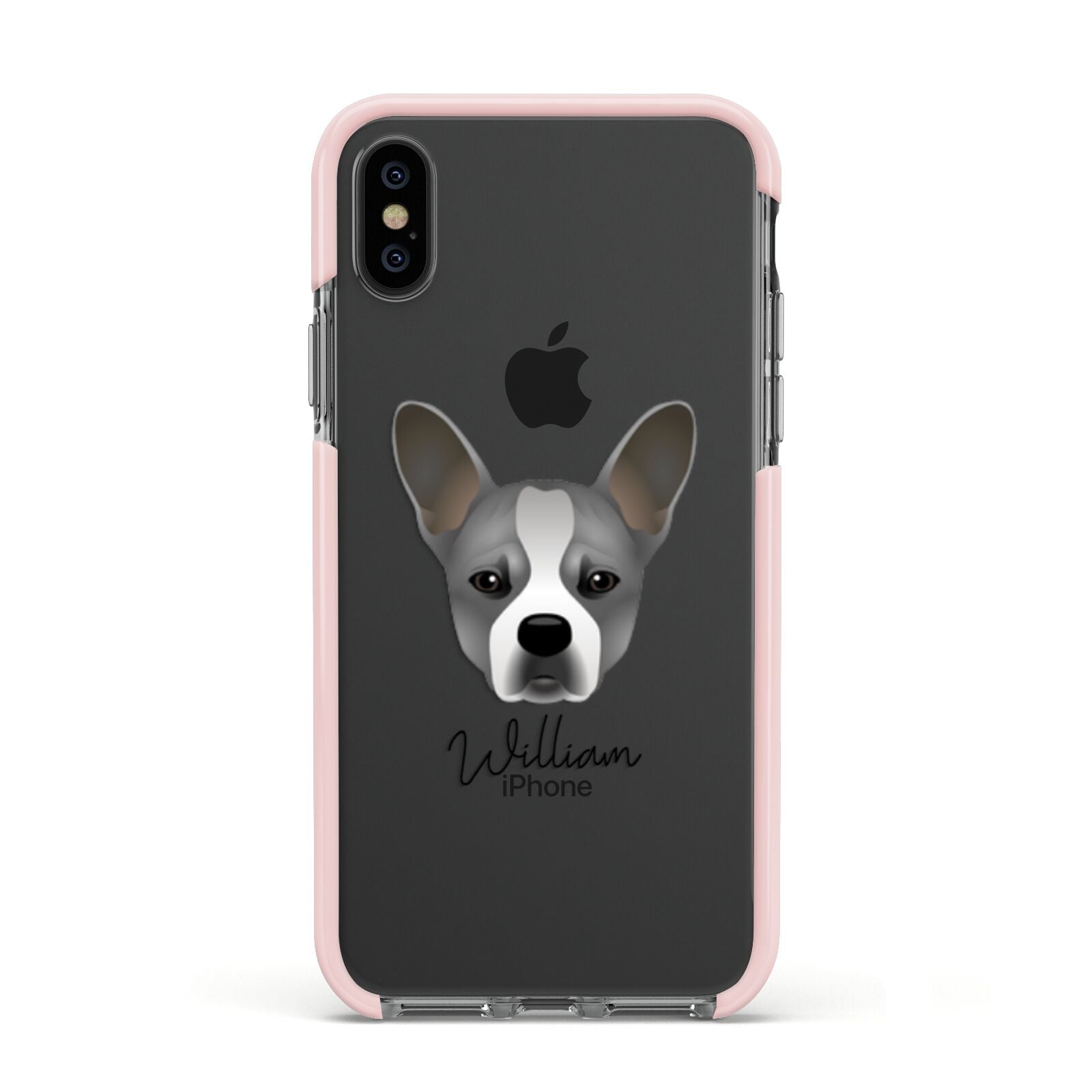 French Bull Jack Personalised Apple iPhone Xs Impact Case Pink Edge on Black Phone