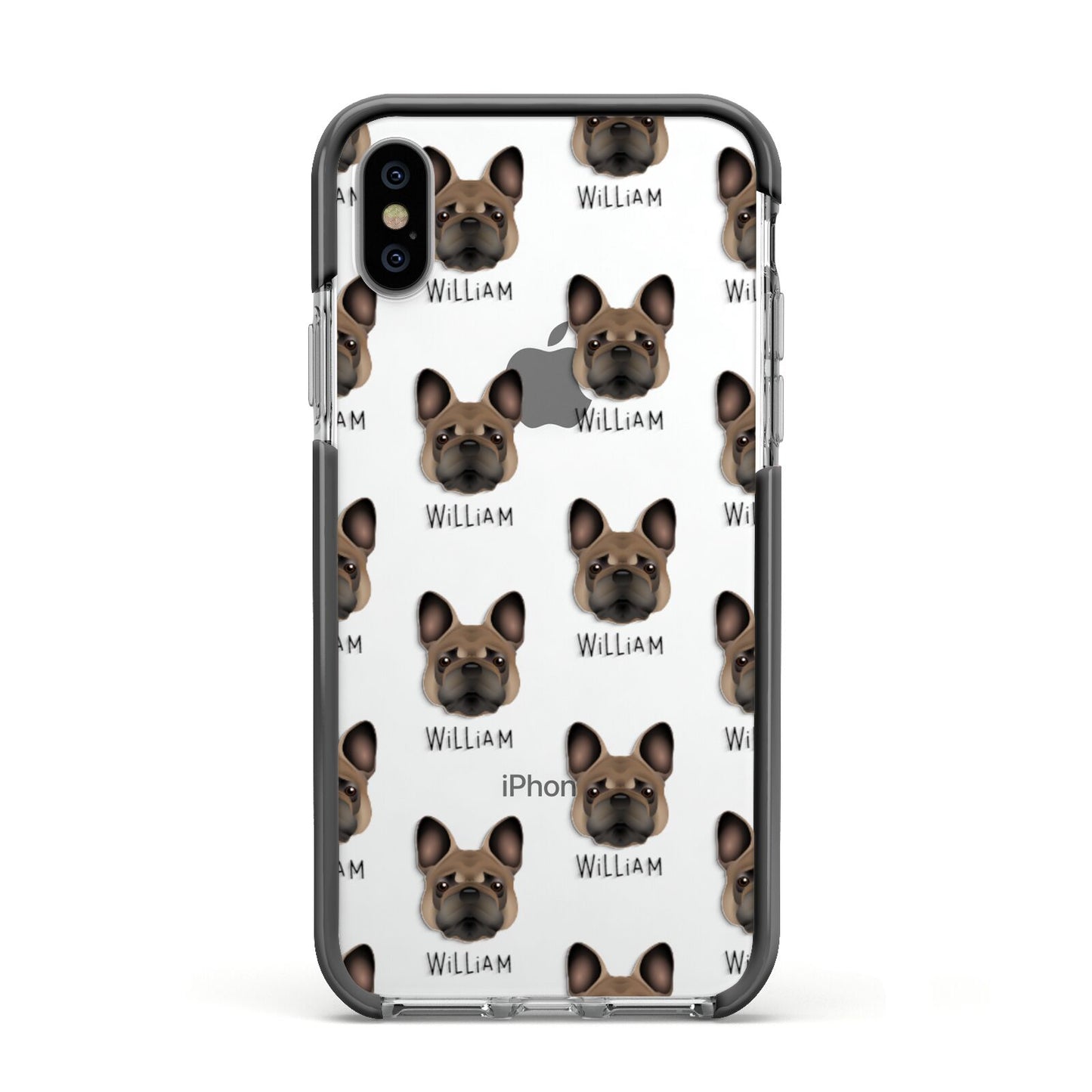 French Bulldog Icon with Name Apple iPhone Xs Impact Case Black Edge on Silver Phone