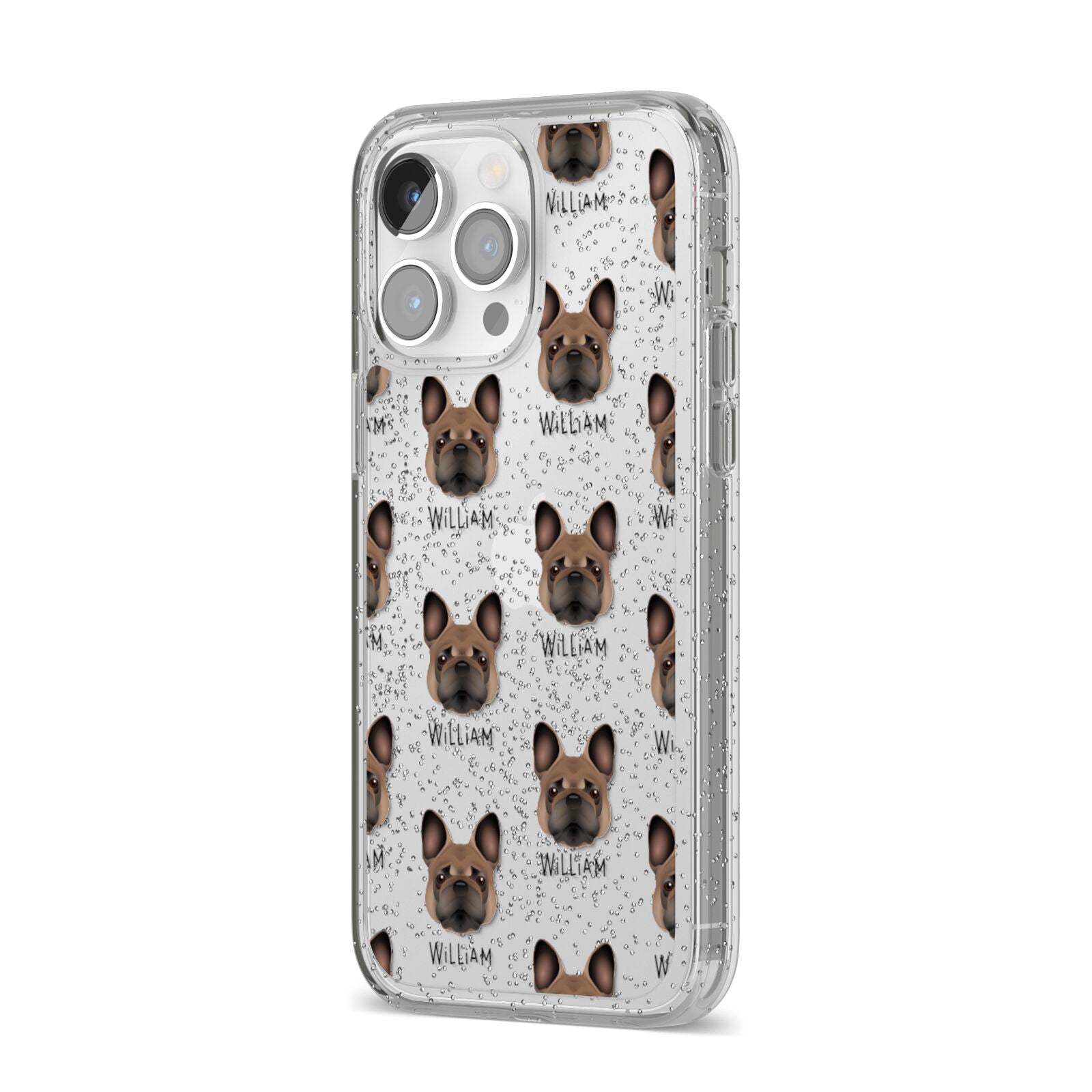 French Bulldog Icon with Name iPhone 14 Pro Max Glitter Tough Case Silver Angled Image