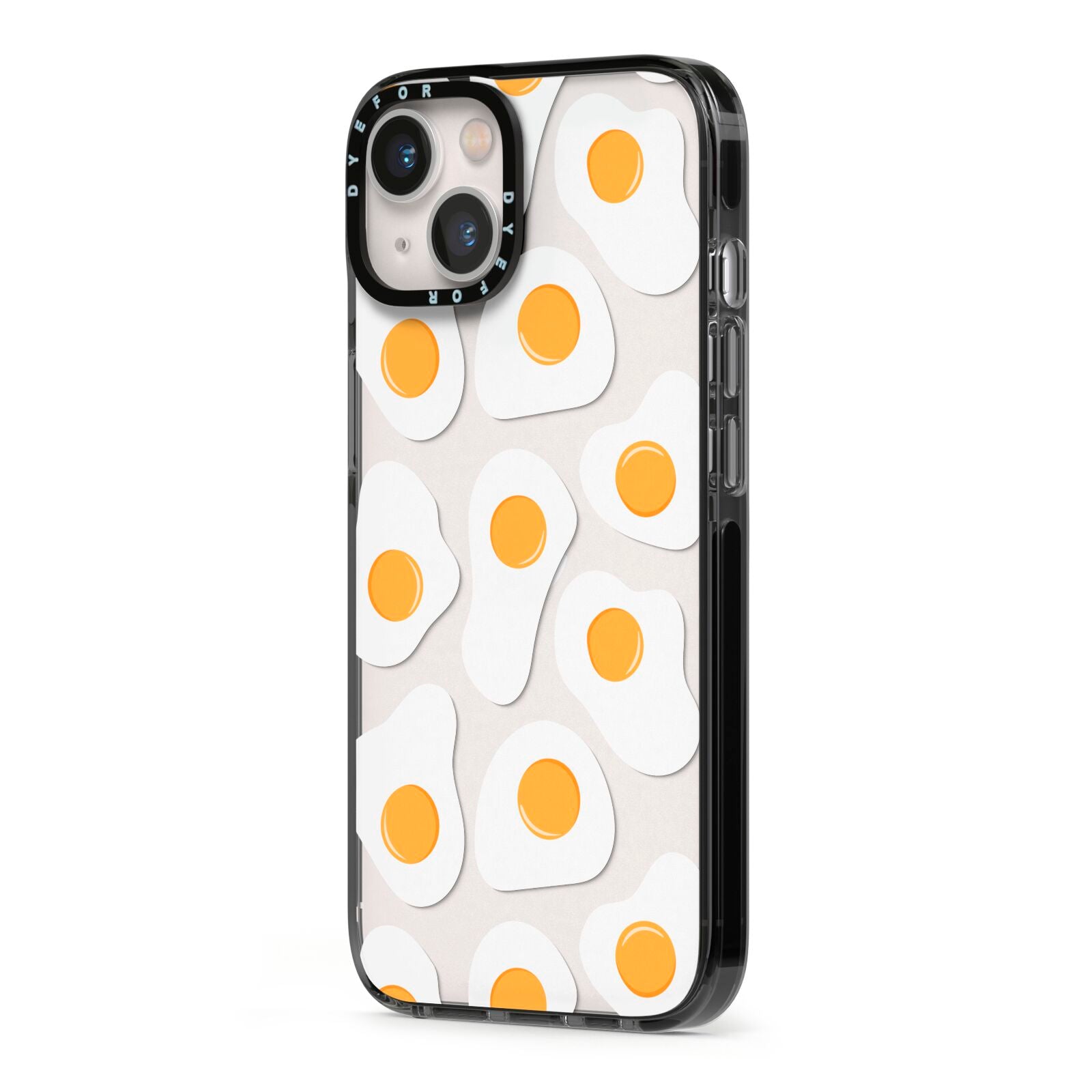 Fried Egg iPhone 13 Black Impact Case Side Angle on Silver phone