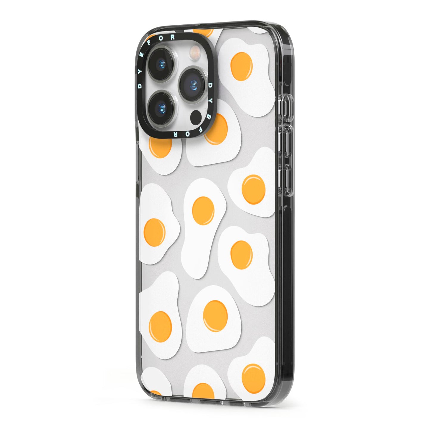 Fried Egg iPhone 13 Pro Black Impact Case Side Angle on Silver phone