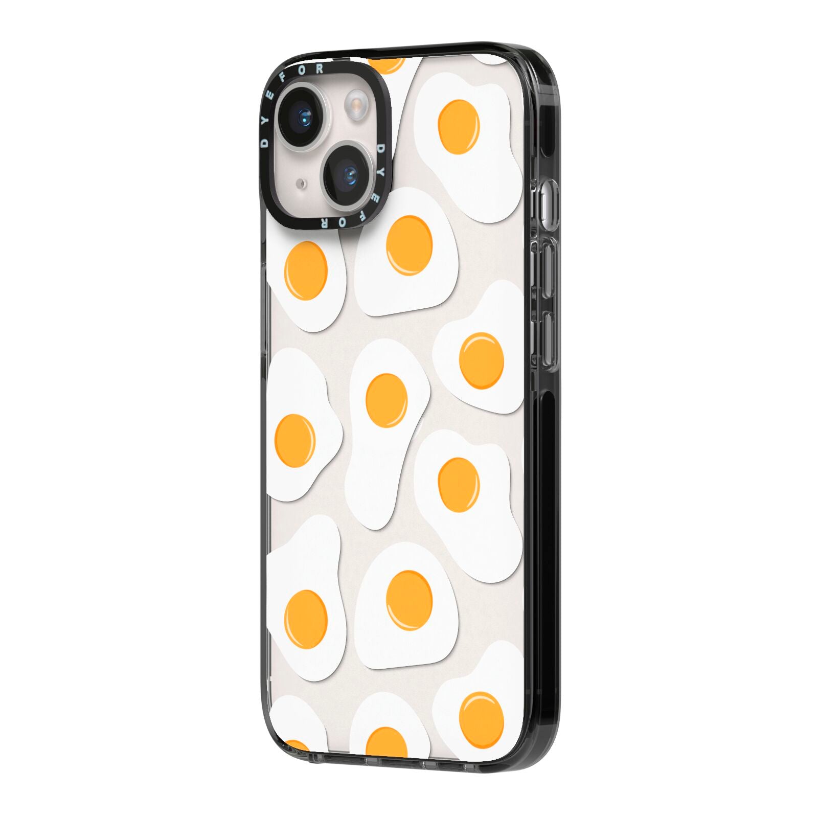 Fried Egg iPhone 14 Black Impact Case Side Angle on Silver phone