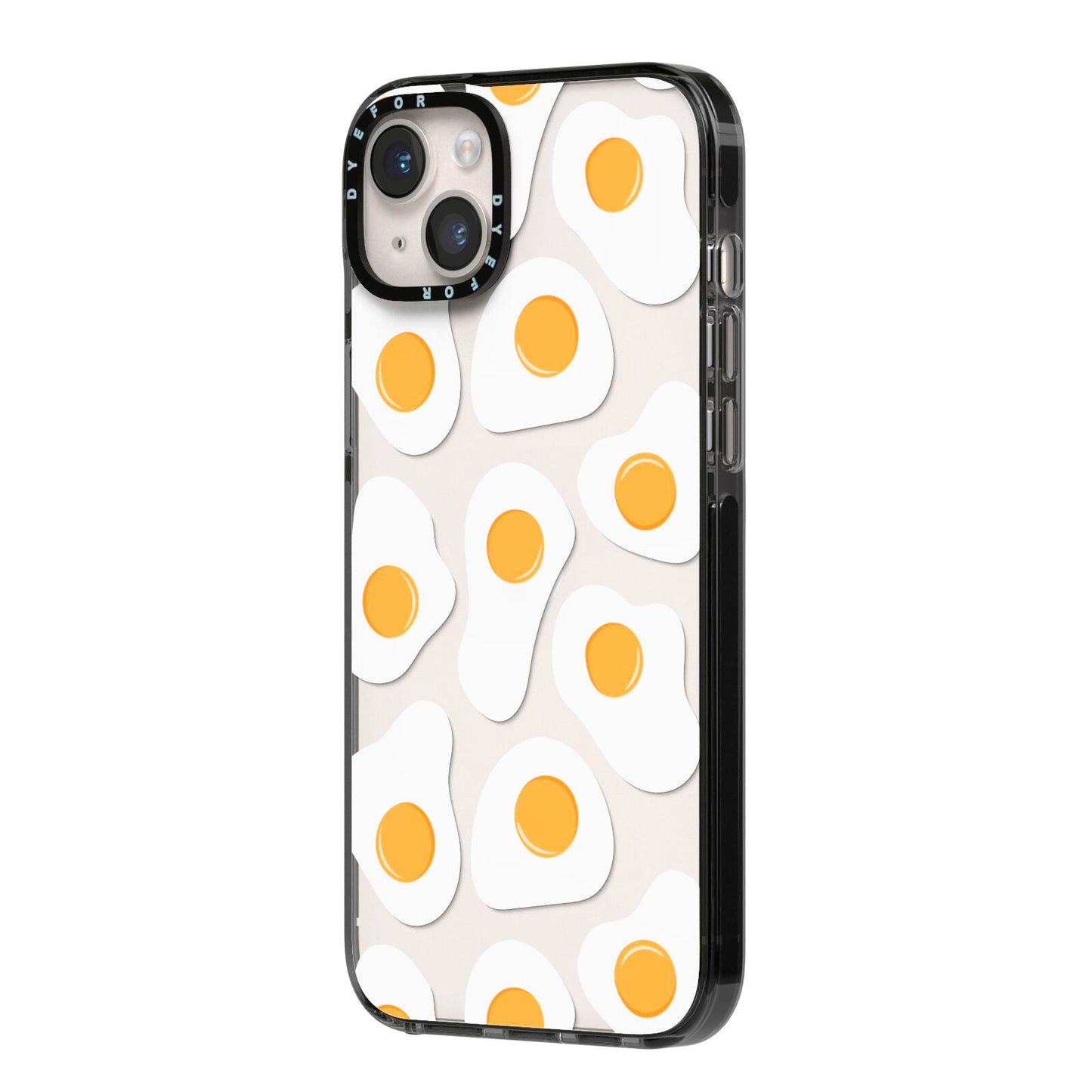 Fried Egg iPhone 14 Plus Black Impact Case Side Angle on Silver phone