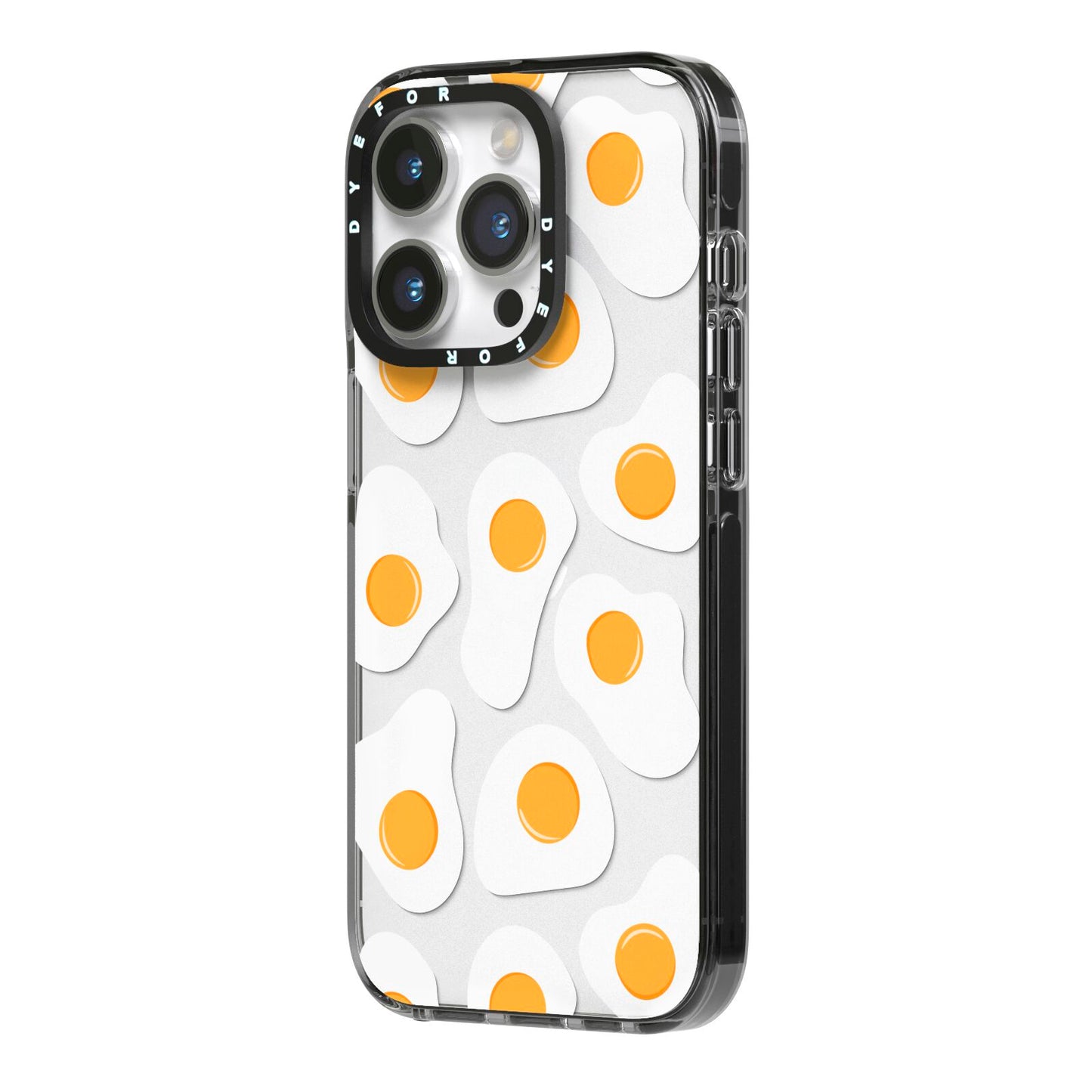 Fried Egg iPhone 14 Pro Black Impact Case Side Angle on Silver phone