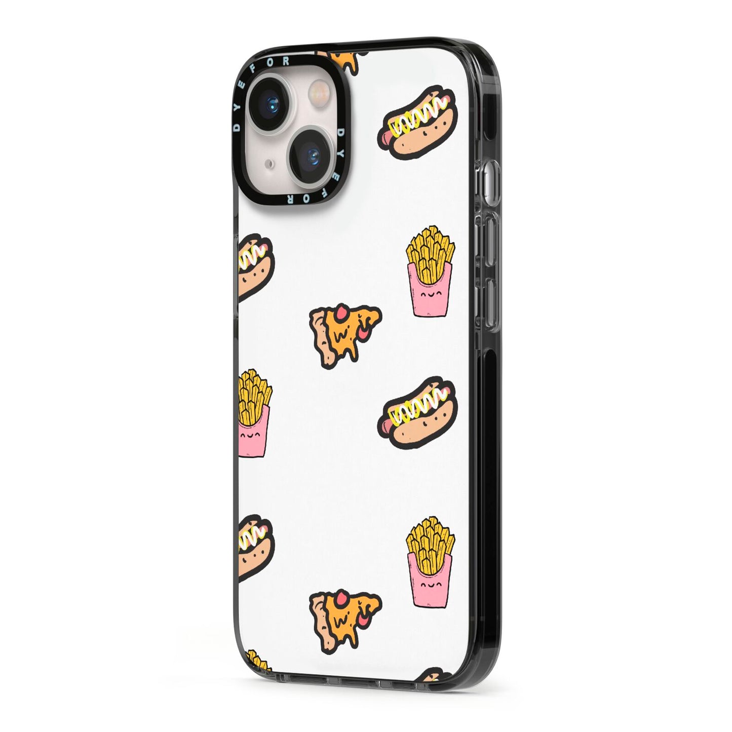 Fries Pizza Hot Dog iPhone 13 Black Impact Case Side Angle on Silver phone