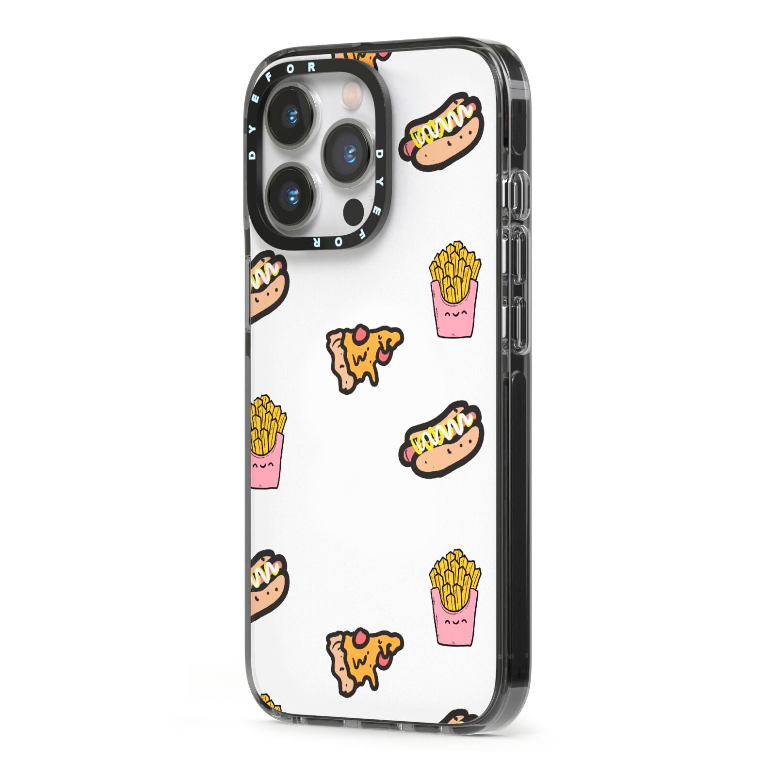 Fries Pizza Hot Dog iPhone 13 Pro Black Impact Case Side Angle on Silver phone