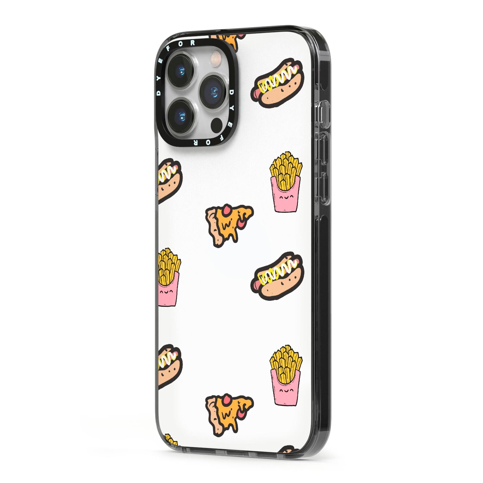 Fries Pizza Hot Dog iPhone 13 Pro Max Black Impact Case Side Angle on Silver phone