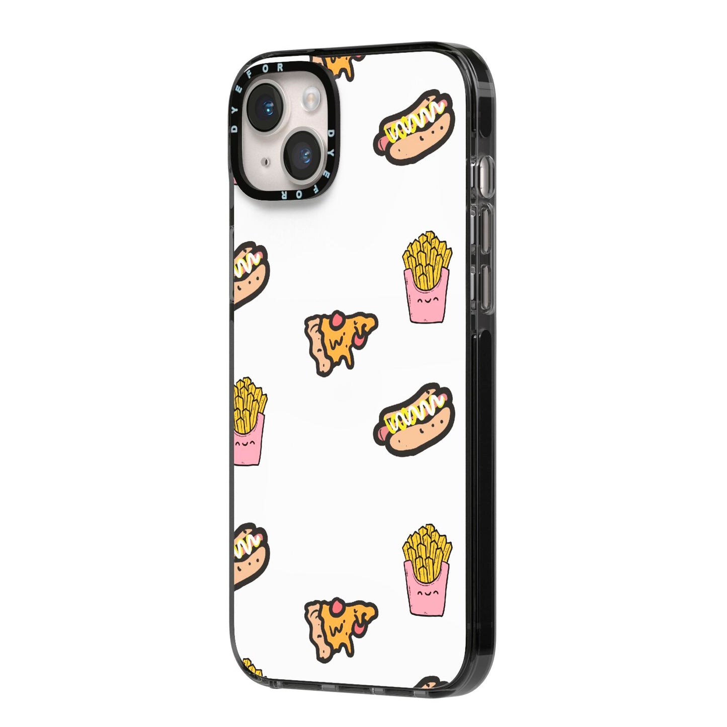 Fries Pizza Hot Dog iPhone 14 Plus Black Impact Case Side Angle on Silver phone