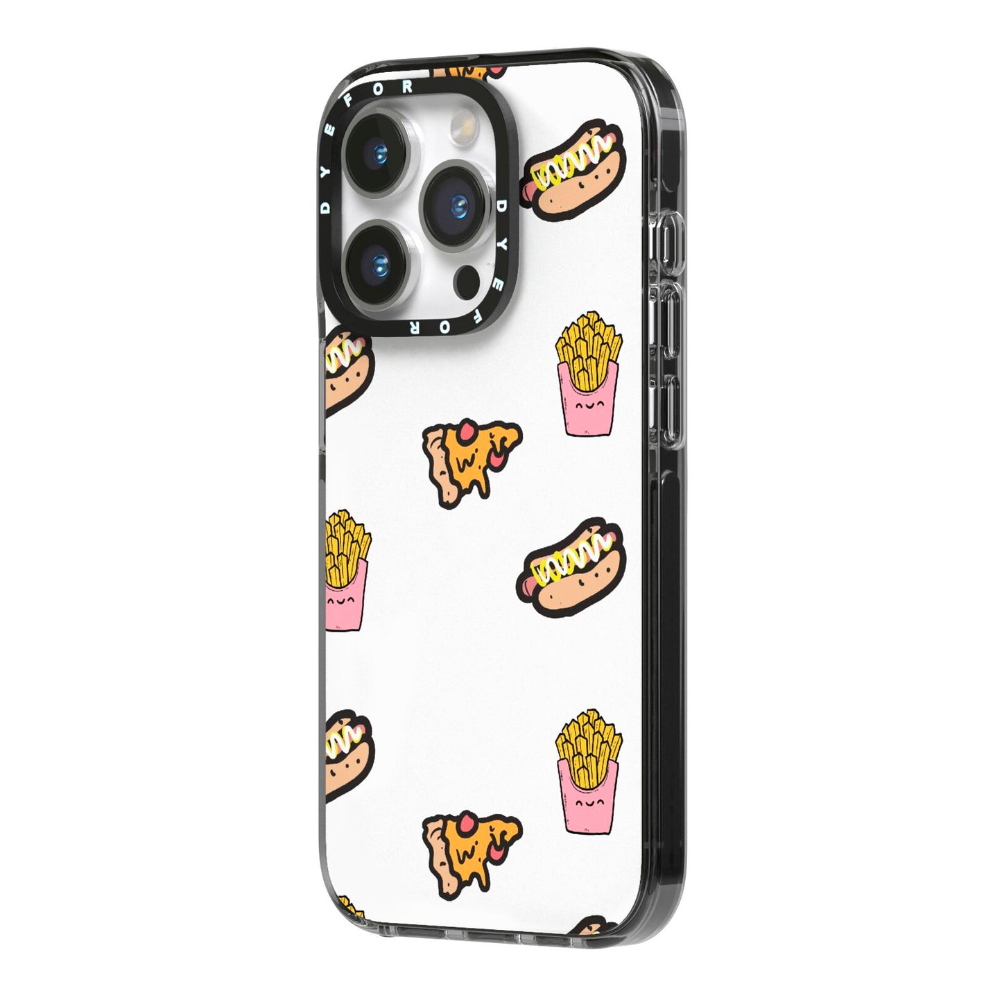 Fries Pizza Hot Dog iPhone 14 Pro Black Impact Case Side Angle on Silver phone