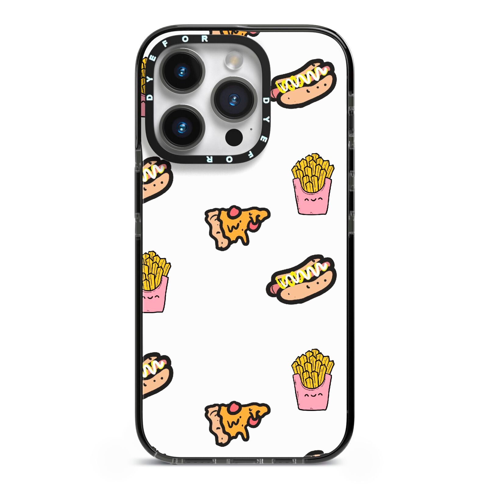 Fries Pizza Hot Dog iPhone 14 Pro Black Impact Case on Silver phone