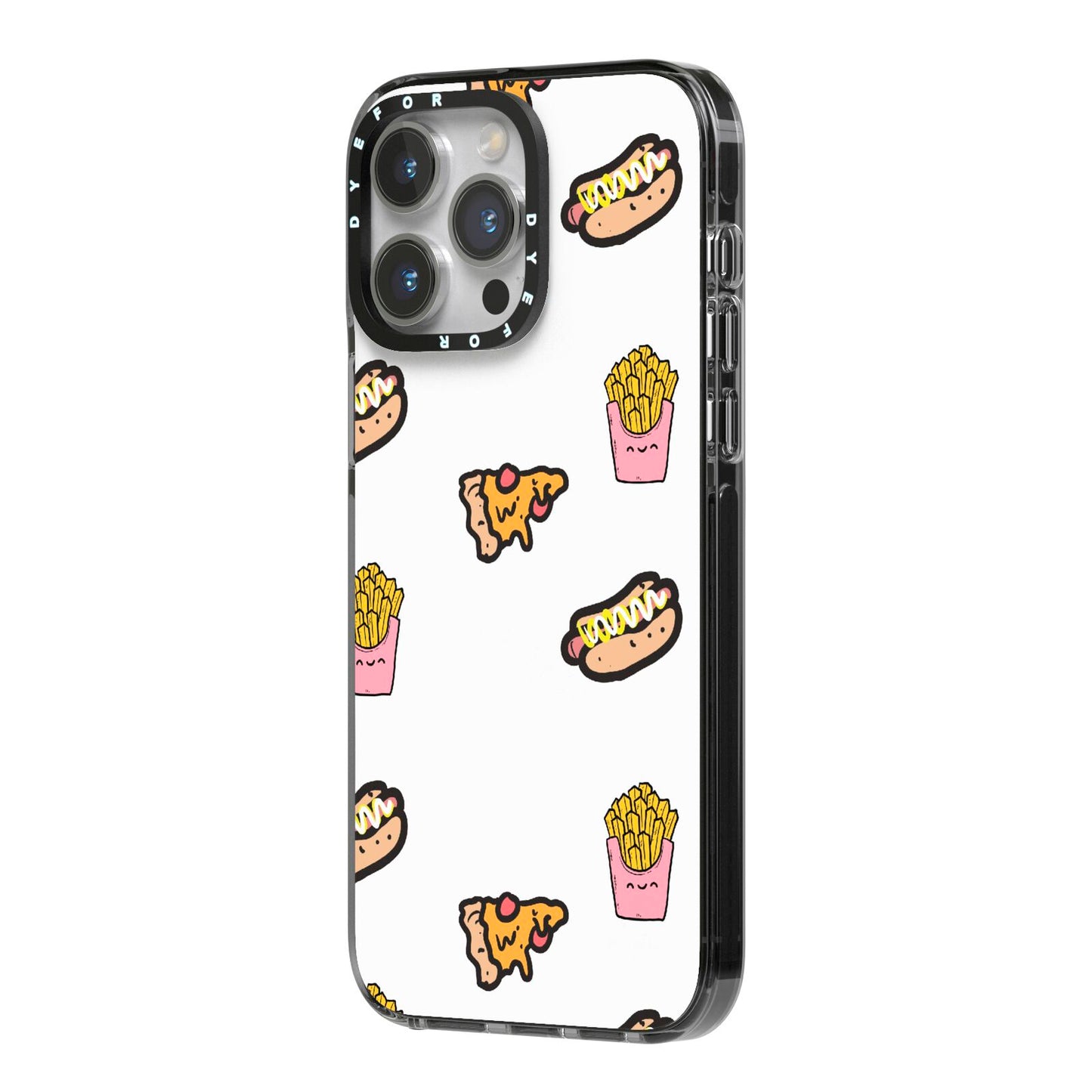 Fries Pizza Hot Dog iPhone 14 Pro Max Black Impact Case Side Angle on Silver phone