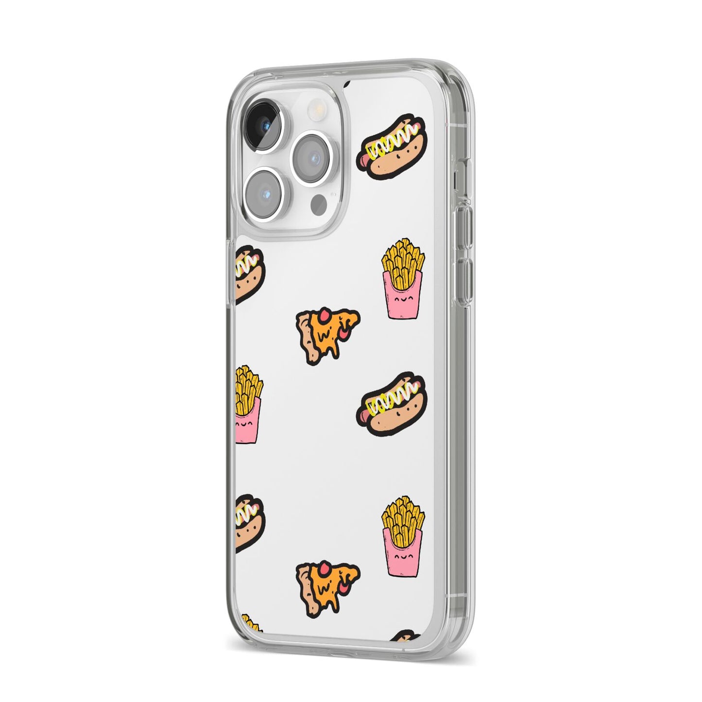 Fries Pizza Hot Dog iPhone 14 Pro Max Clear Tough Case Silver Angled Image