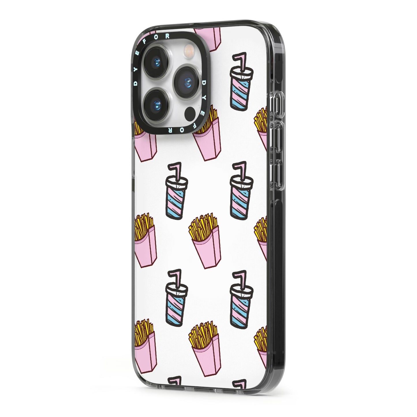 Fries Shake Fast Food iPhone 13 Pro Black Impact Case Side Angle on Silver phone