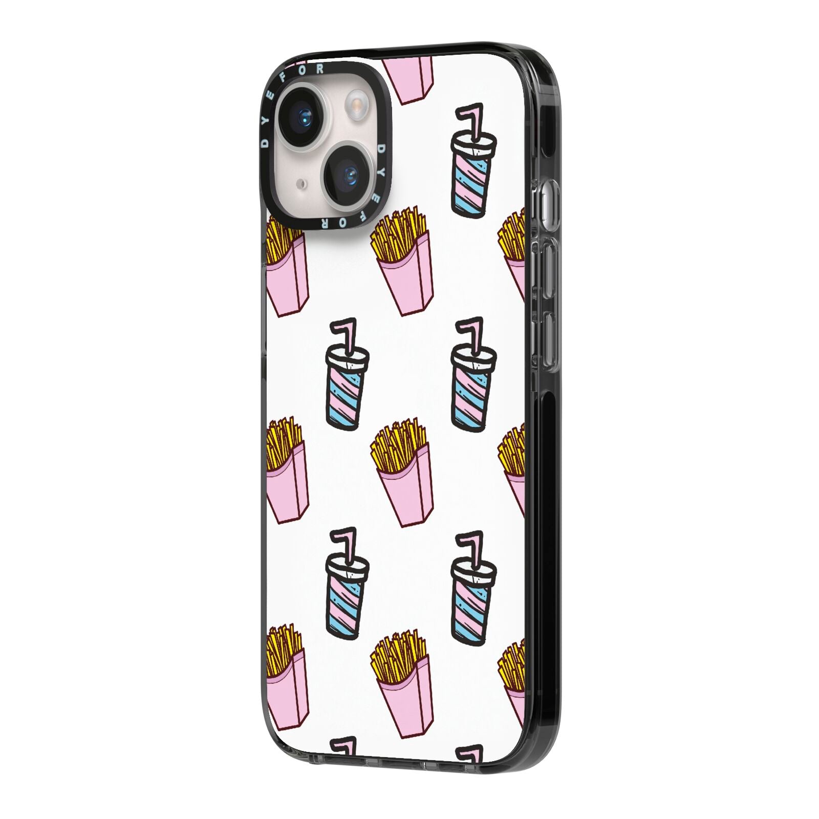 Fries Shake Fast Food iPhone 14 Black Impact Case Side Angle on Silver phone