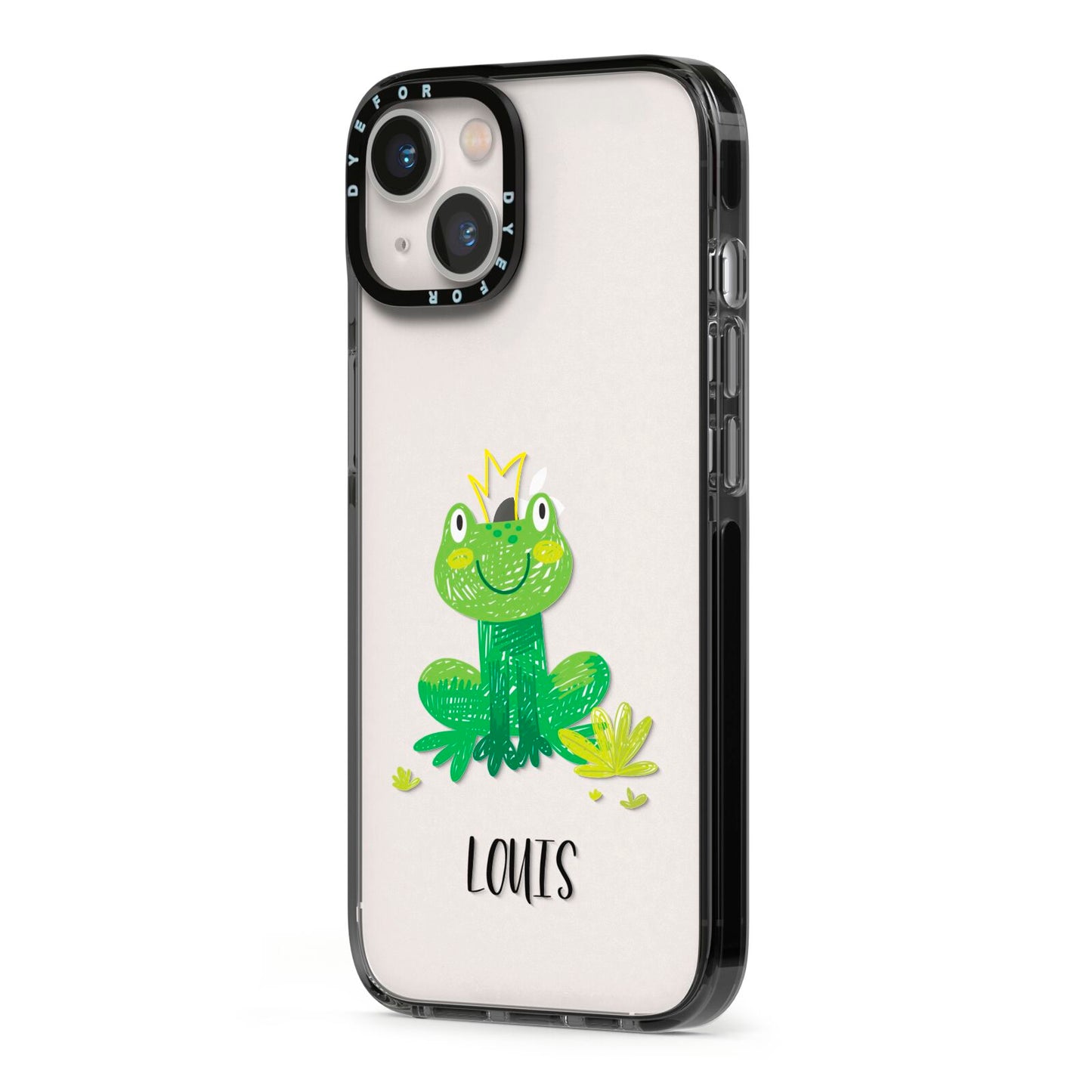 Frog Prince Custom iPhone 13 Black Impact Case Side Angle on Silver phone