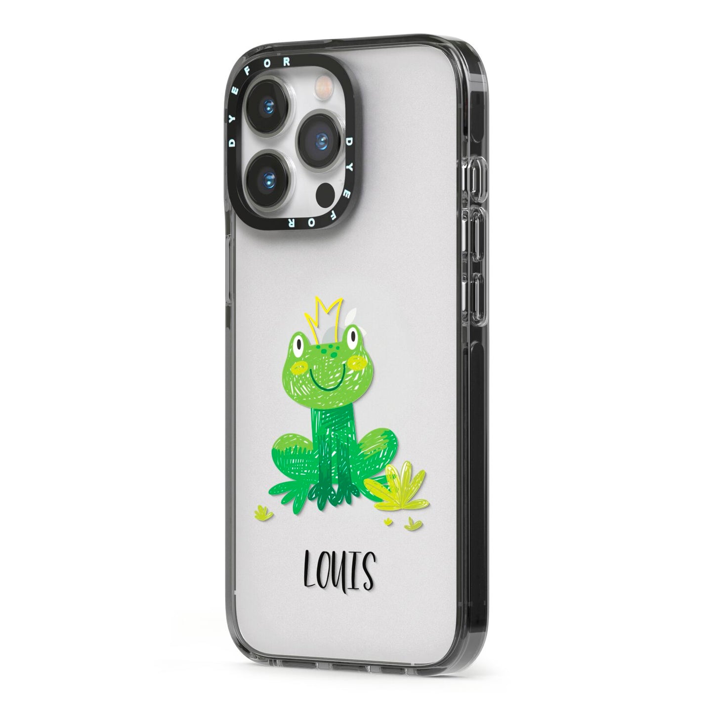 Frog Prince Custom iPhone 13 Pro Black Impact Case Side Angle on Silver phone