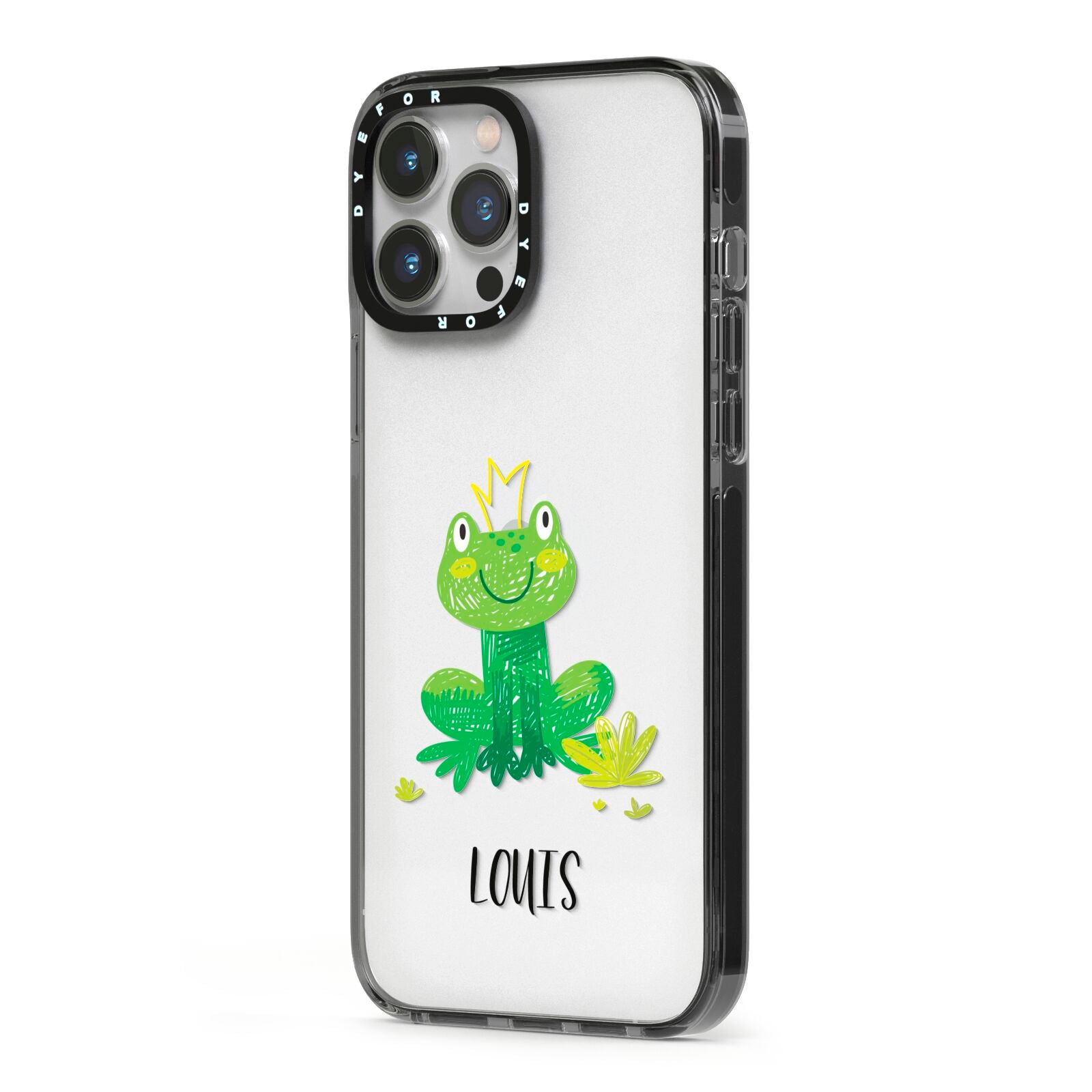 Frog Prince Custom iPhone 13 Pro Max Black Impact Case Side Angle on Silver phone