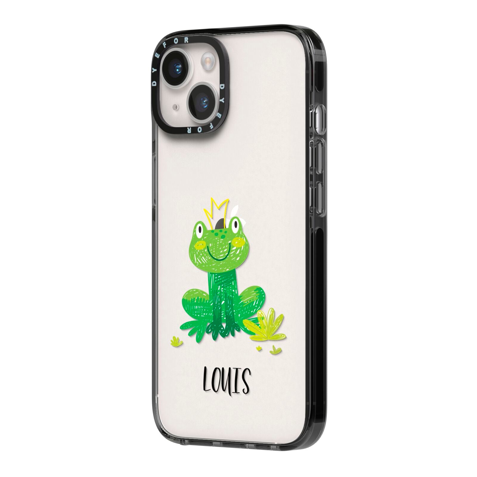 Frog Prince Custom iPhone 14 Black Impact Case Side Angle on Silver phone