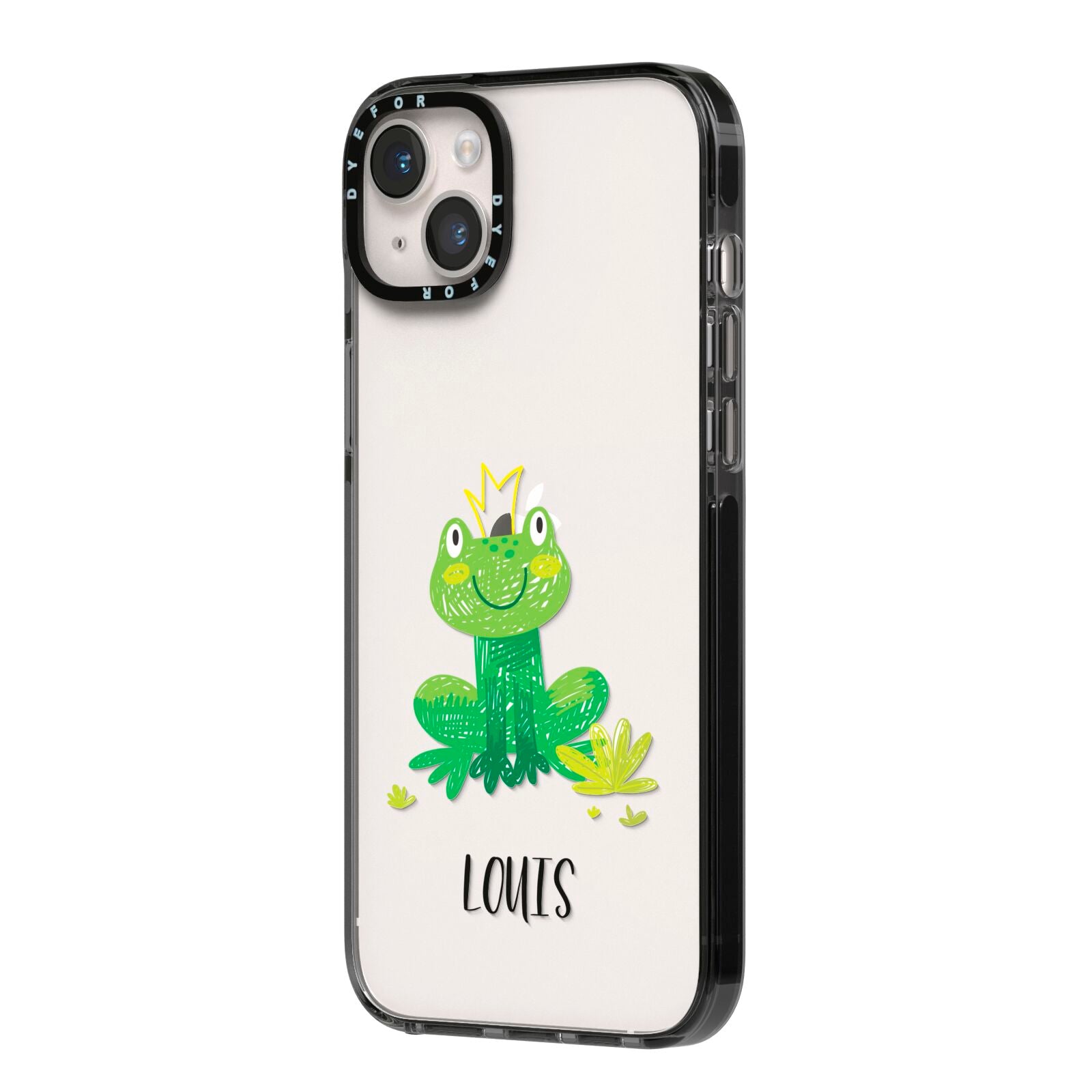 Frog Prince Custom iPhone 14 Plus Black Impact Case Side Angle on Silver phone