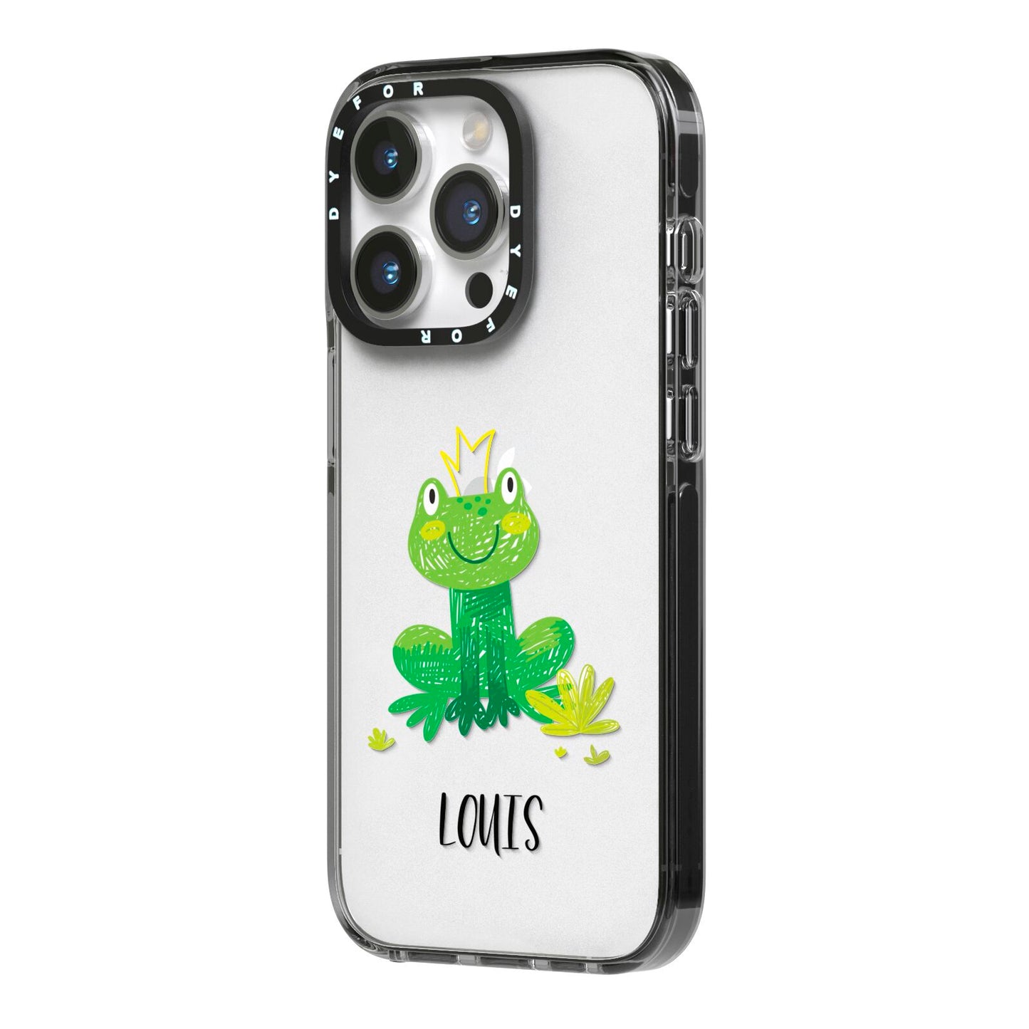 Frog Prince Custom iPhone 14 Pro Black Impact Case Side Angle on Silver phone