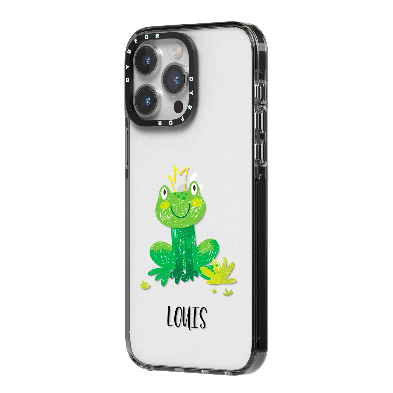 Frog Prince Custom iPhone 14 Pro Max Black Impact Case Side Angle on Silver phone