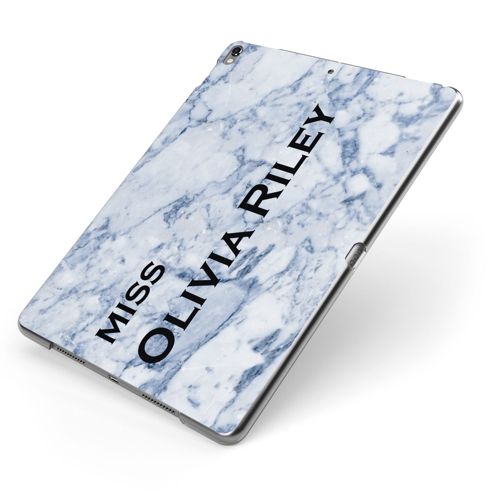 Full Name Grey Marble Apple iPad Case on Grey iPad Side View