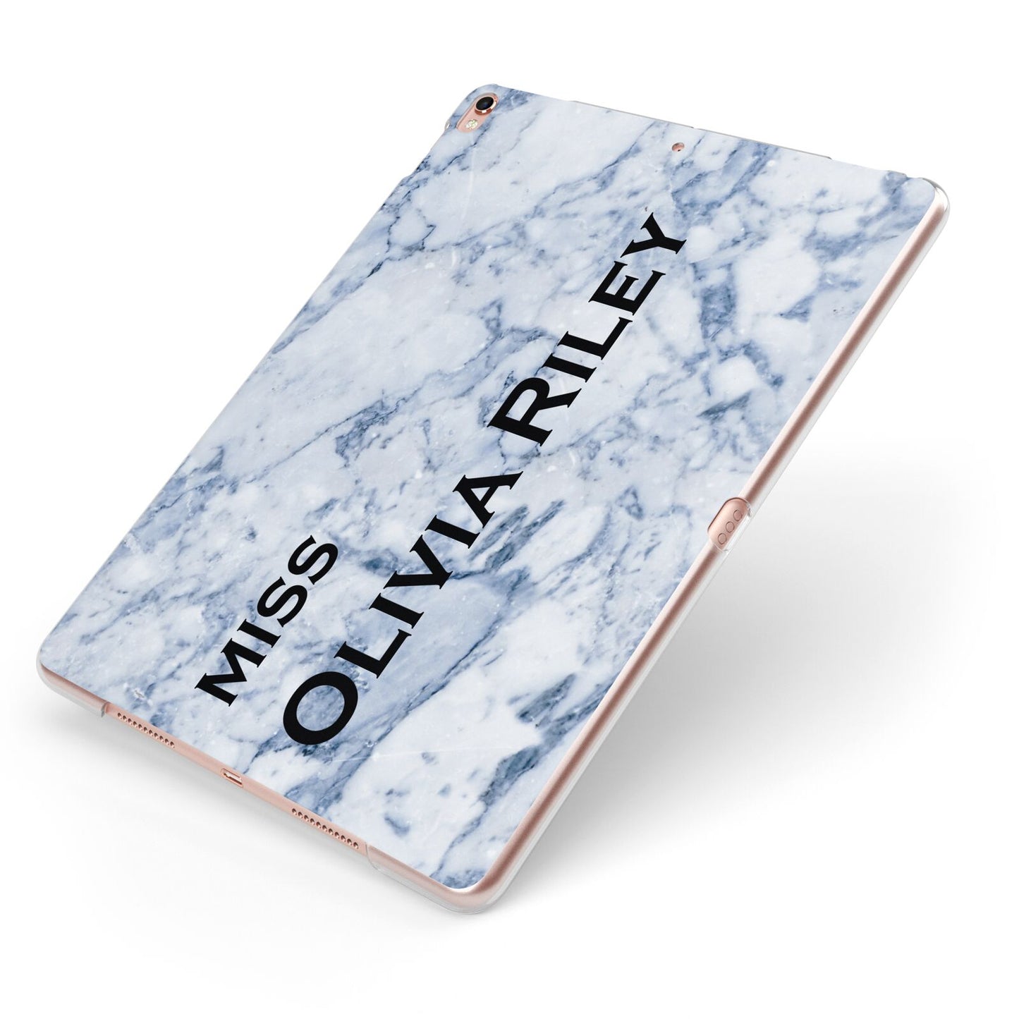 Full Name Grey Marble Apple iPad Case on Rose Gold iPad Side View