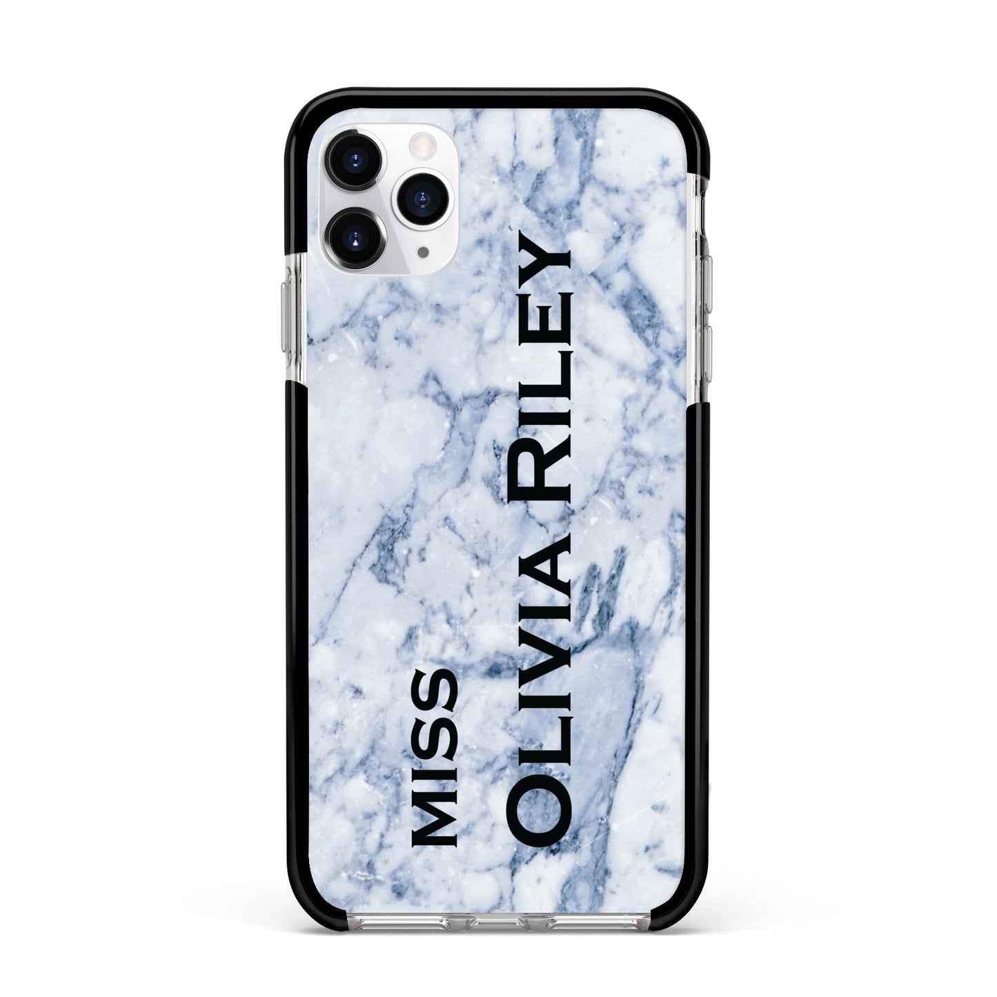 Full Name Grey Marble Apple iPhone 11 Pro Max in Silver with Black Impact Case