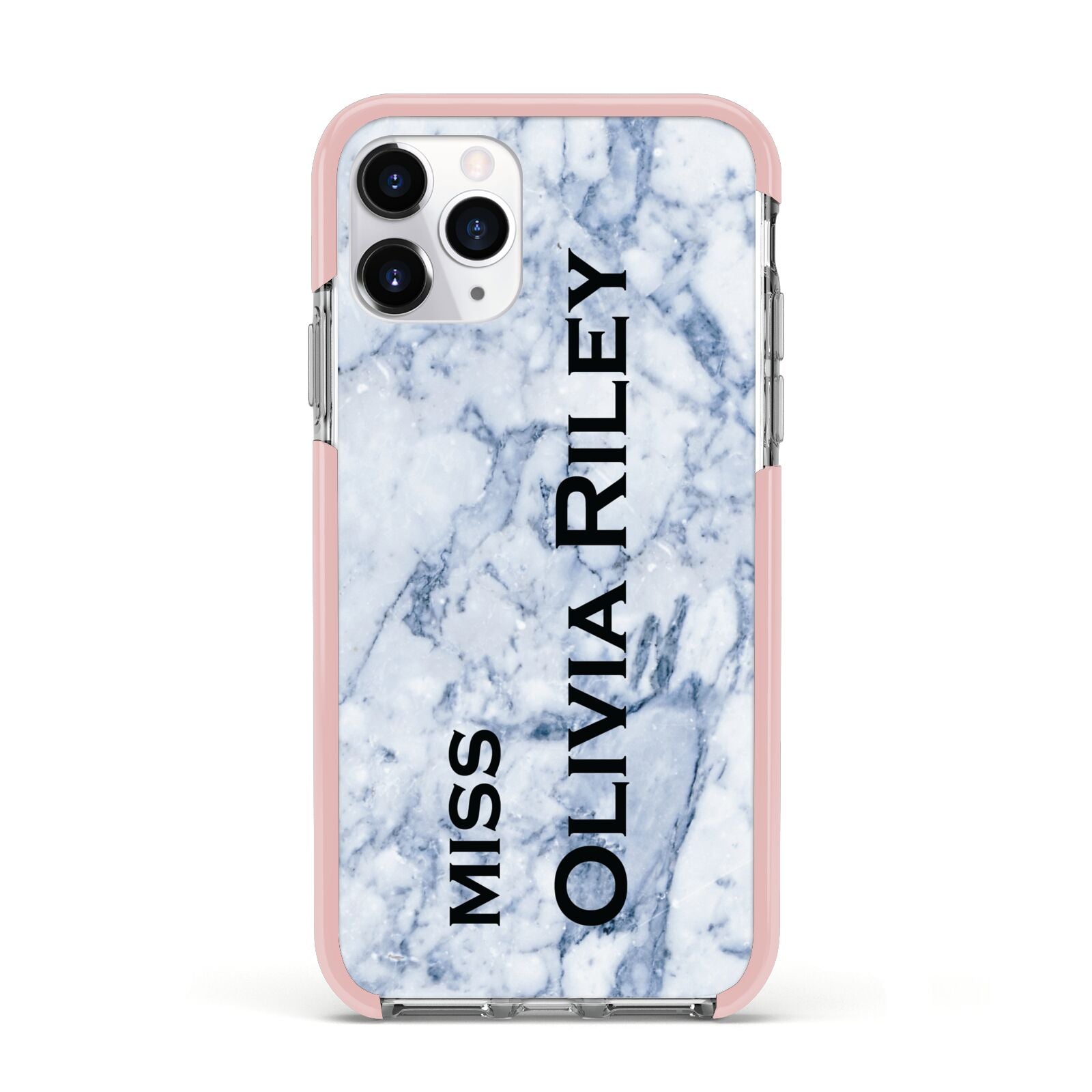 Full Name Grey Marble Apple iPhone 11 Pro in Silver with Pink Impact Case
