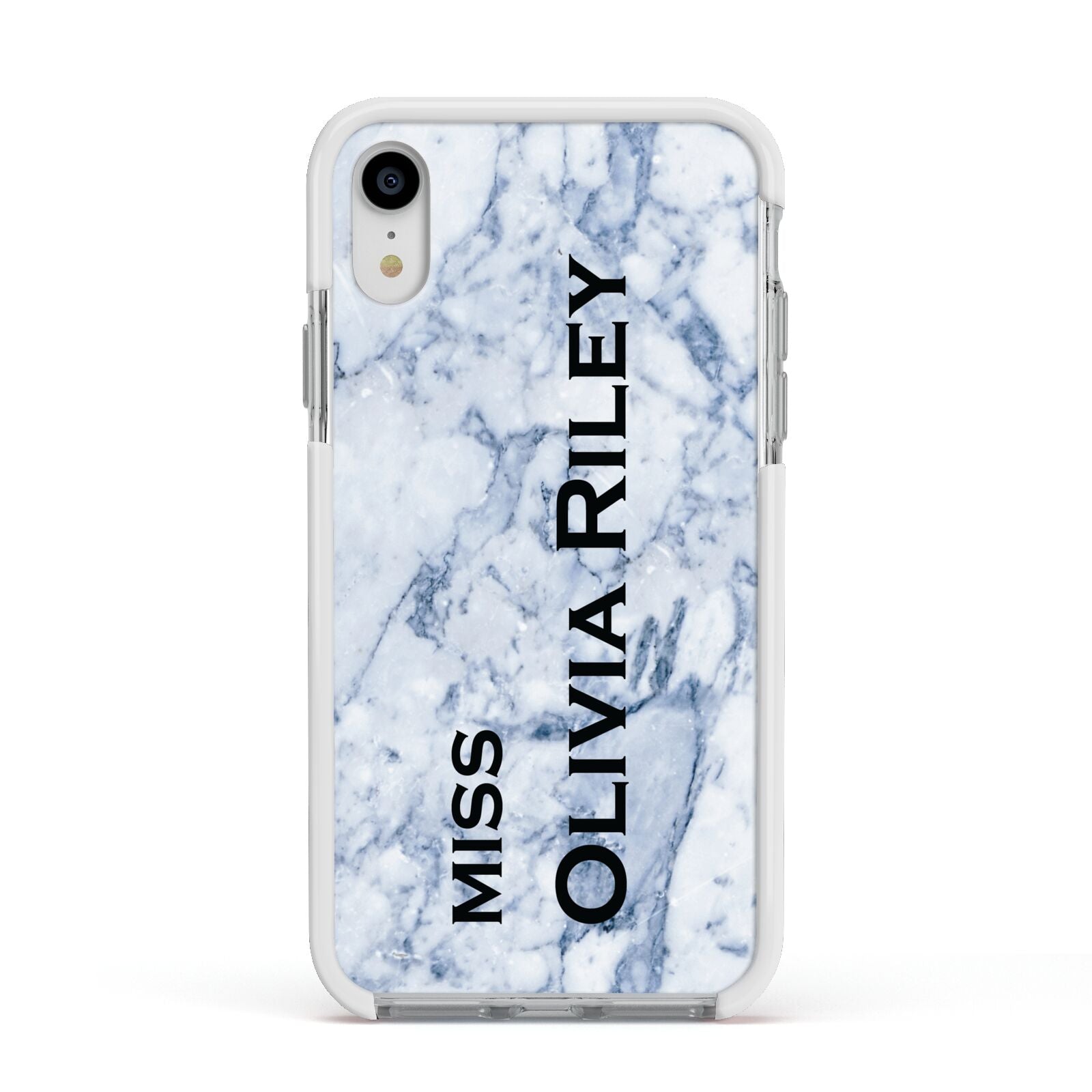 Full Name Grey Marble Apple iPhone XR Impact Case White Edge on Silver Phone