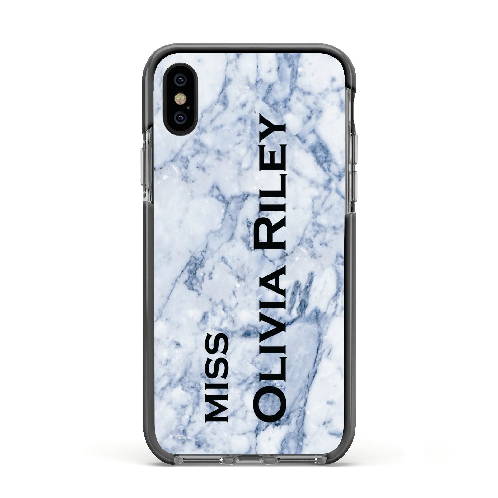 Full Name Grey Marble Apple iPhone Xs Impact Case Black Edge on Black Phone