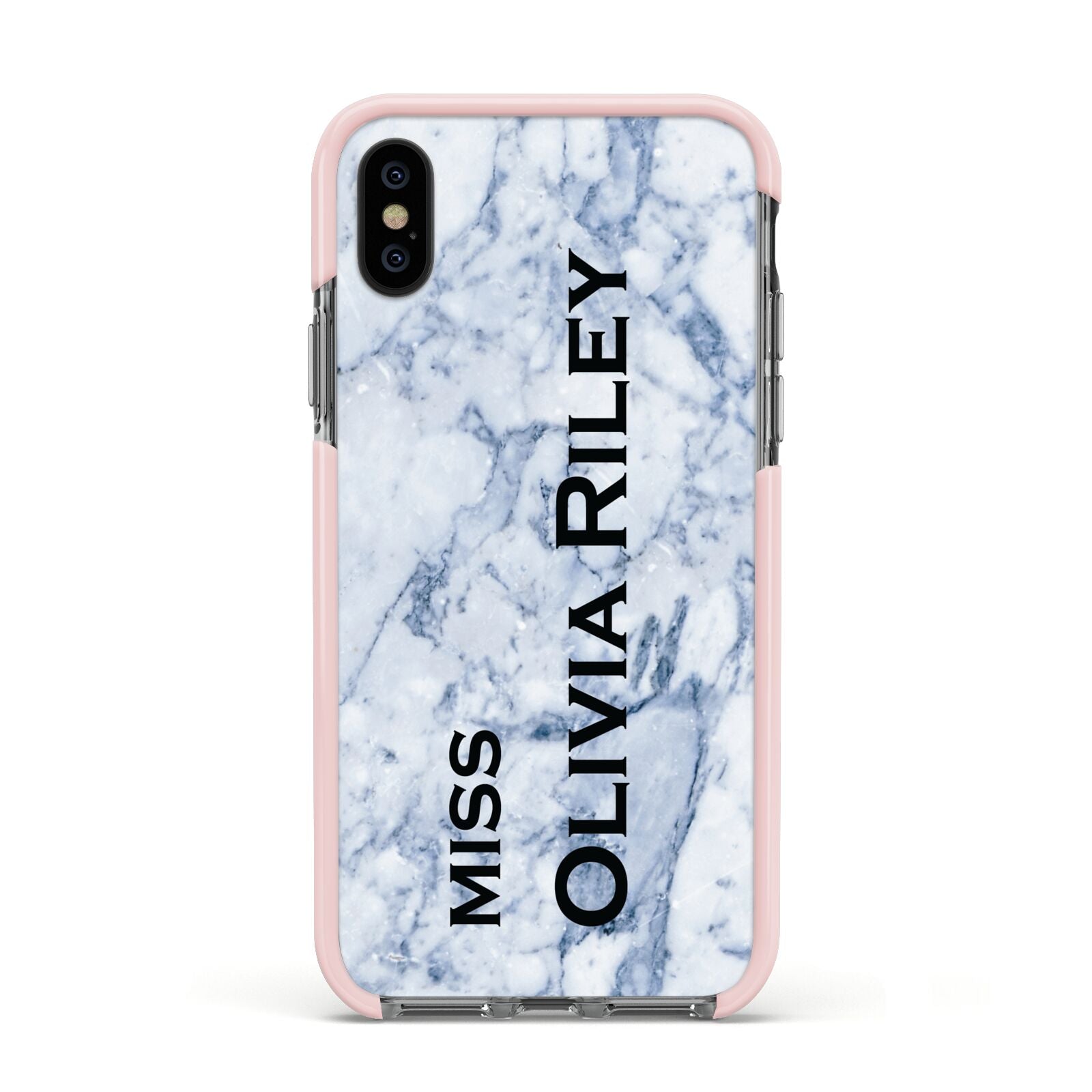 Full Name Grey Marble Apple iPhone Xs Impact Case Pink Edge on Black Phone