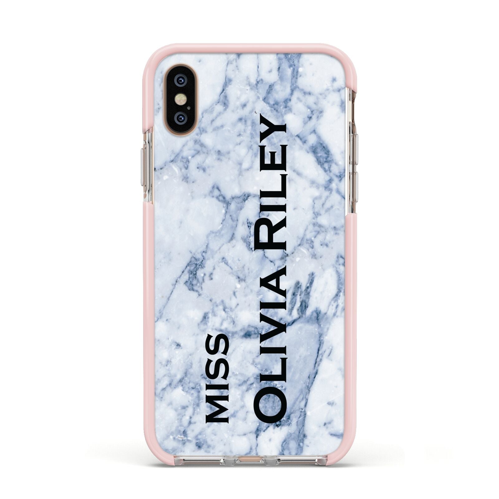 Full Name Grey Marble Apple iPhone Xs Impact Case Pink Edge on Gold Phone