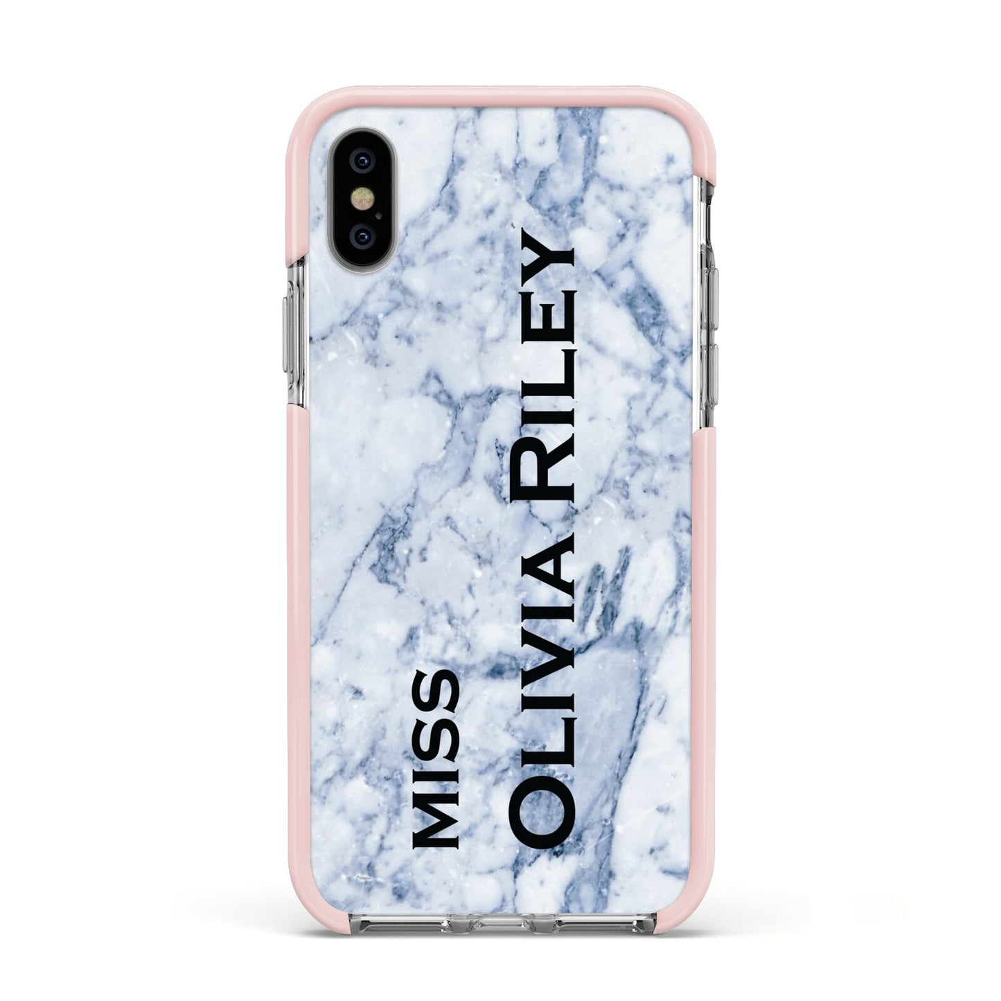 Full Name Grey Marble Apple iPhone Xs Impact Case Pink Edge on Silver Phone
