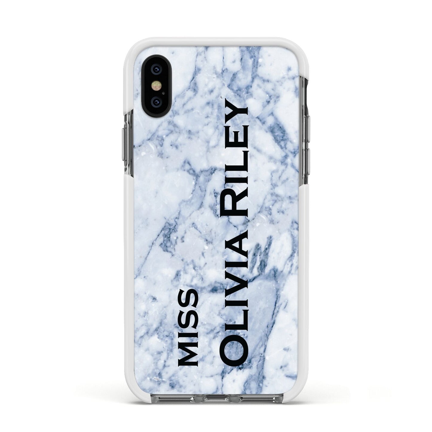 Full Name Grey Marble Apple iPhone Xs Impact Case White Edge on Black Phone