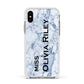 Full Name Grey Marble Apple iPhone Xs Impact Case White Edge on Silver Phone