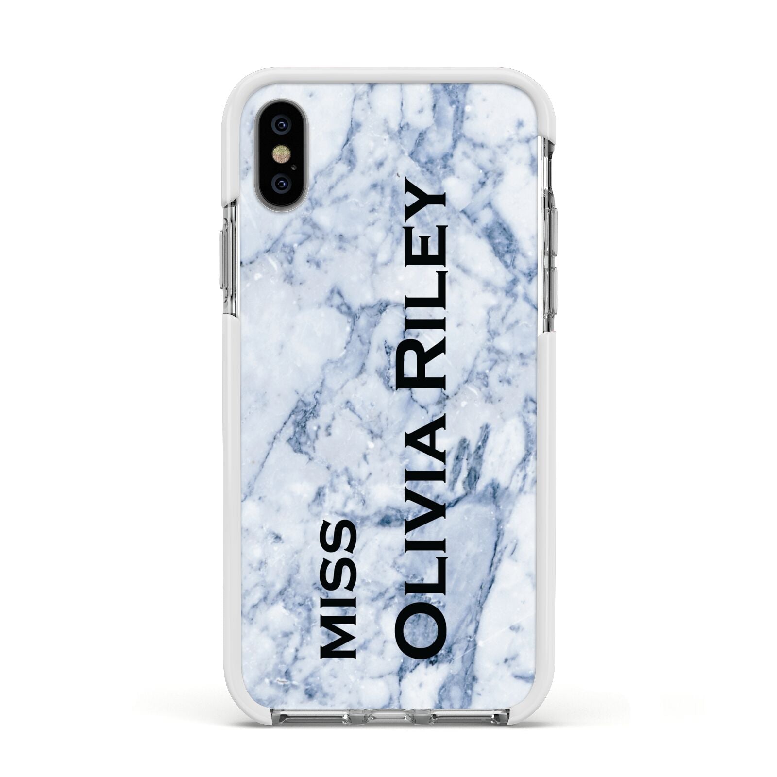 Full Name Grey Marble Apple iPhone Xs Impact Case White Edge on Silver Phone