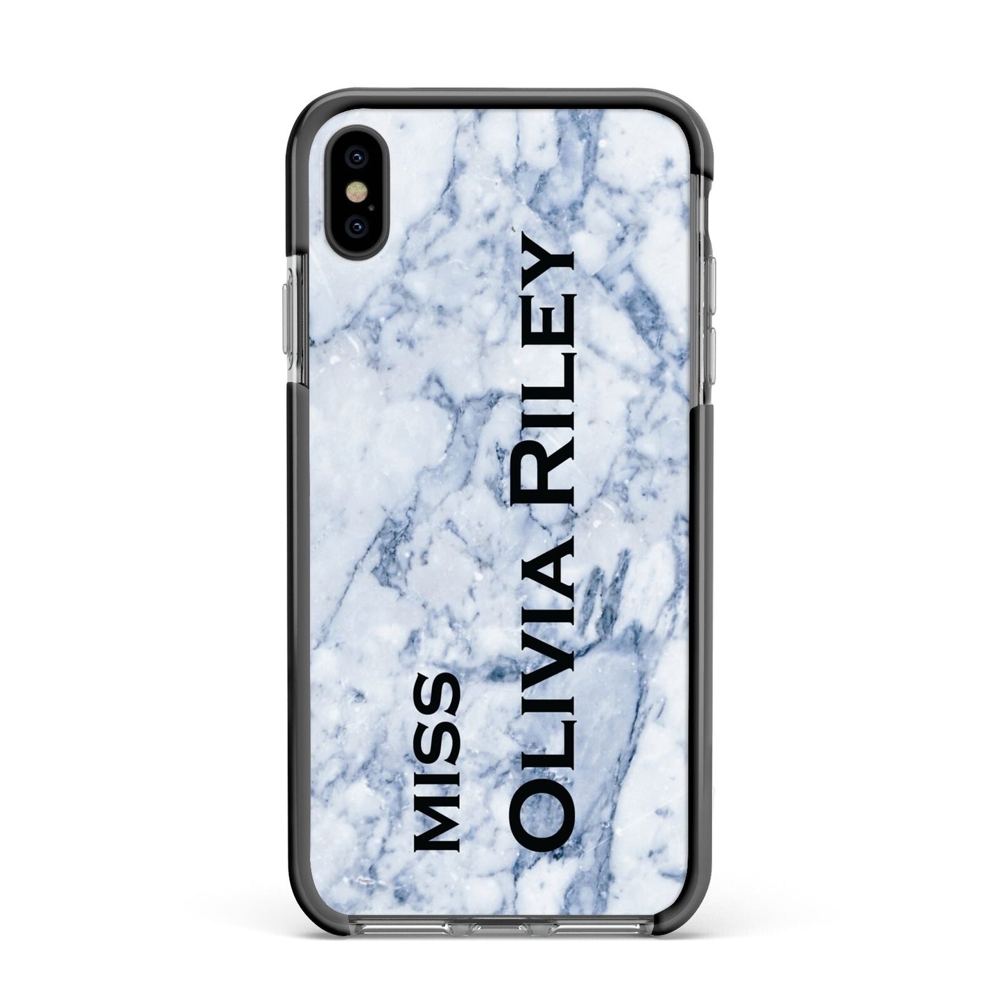 Full Name Grey Marble Apple iPhone Xs Max Impact Case Black Edge on Black Phone