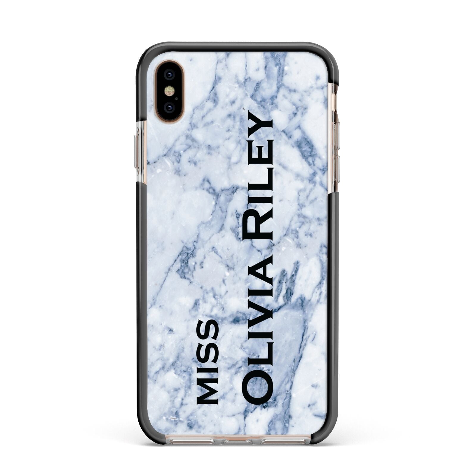 Full Name Grey Marble Apple iPhone Xs Max Impact Case Black Edge on Gold Phone