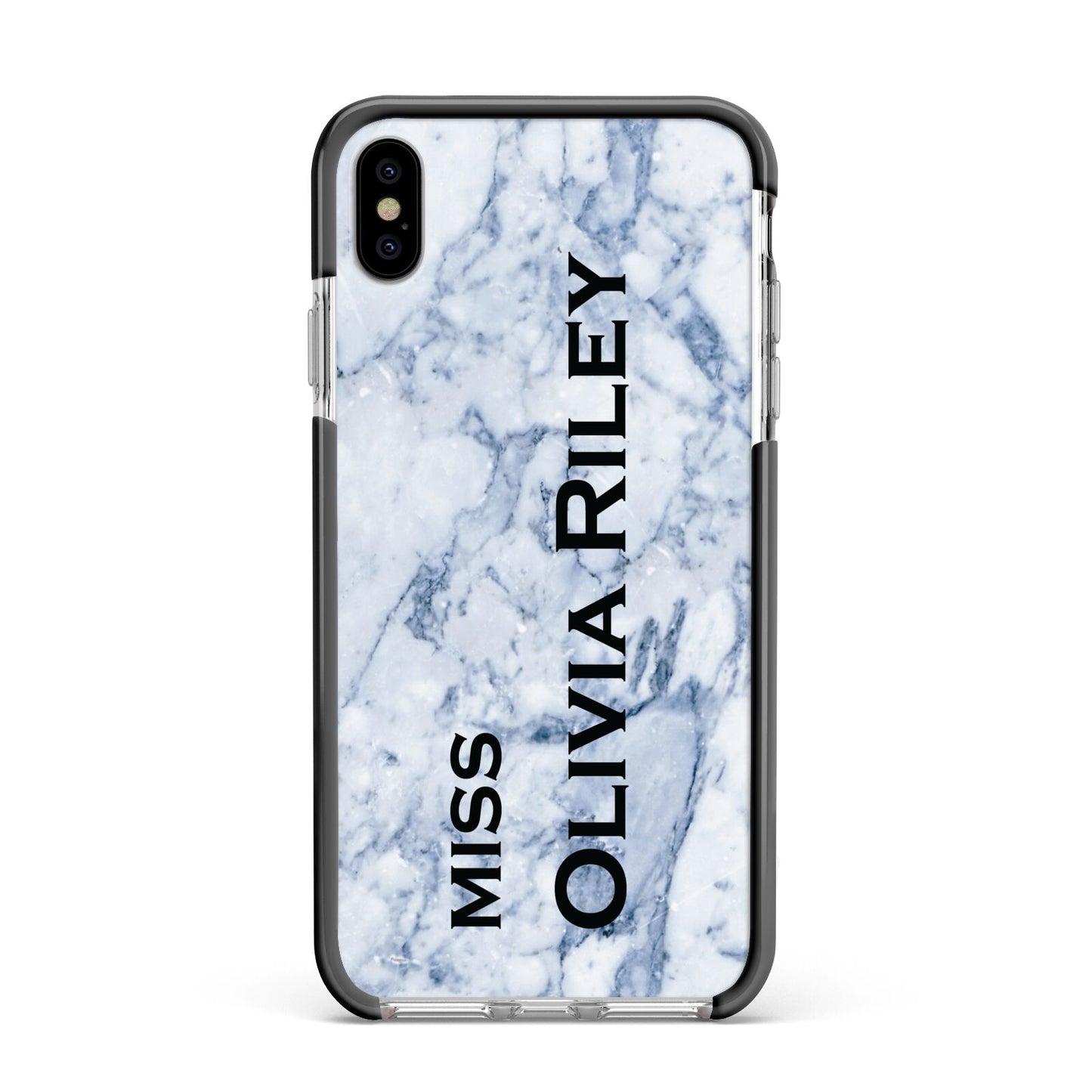 Full Name Grey Marble Apple iPhone Xs Max Impact Case Black Edge on Silver Phone