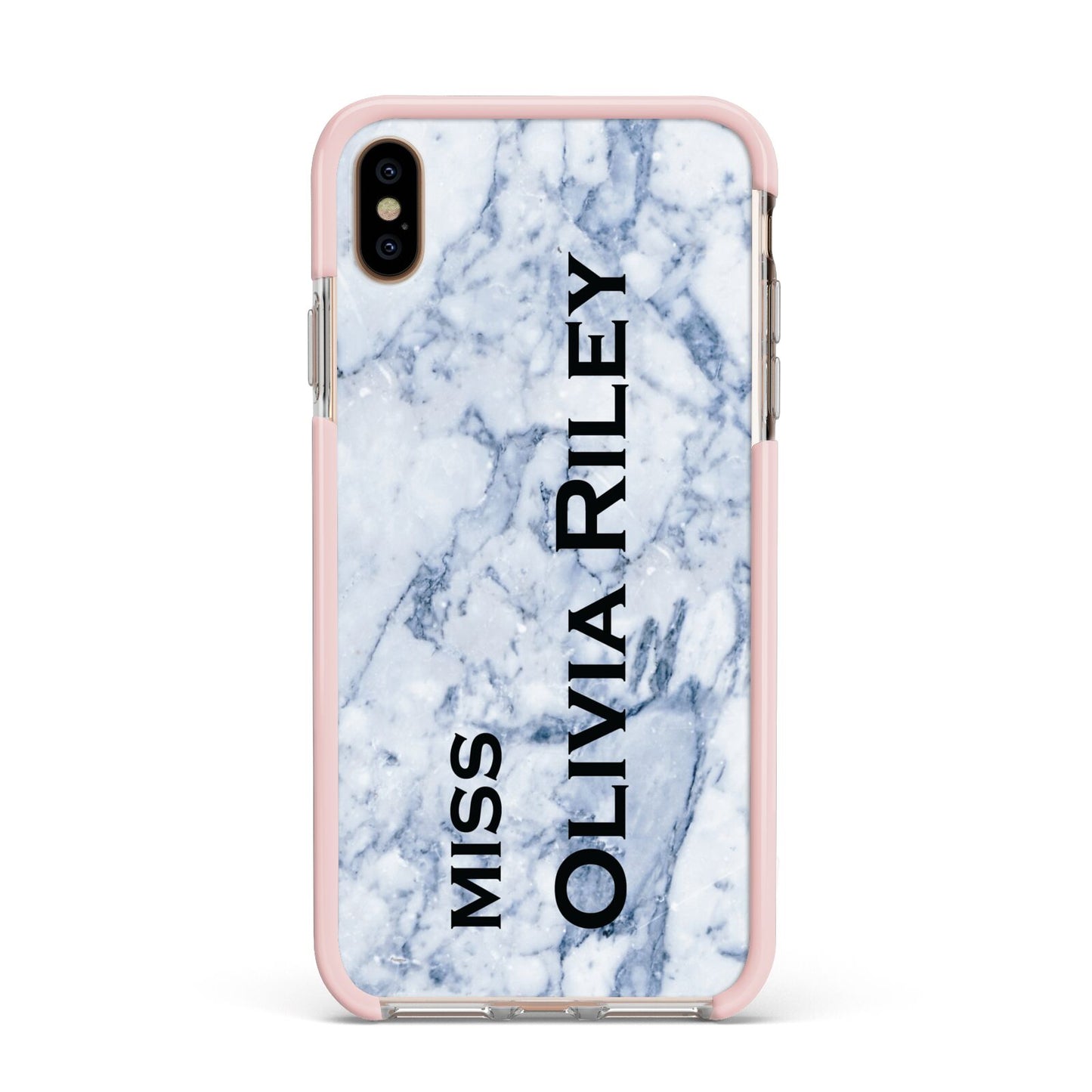 Full Name Grey Marble Apple iPhone Xs Max Impact Case Pink Edge on Gold Phone