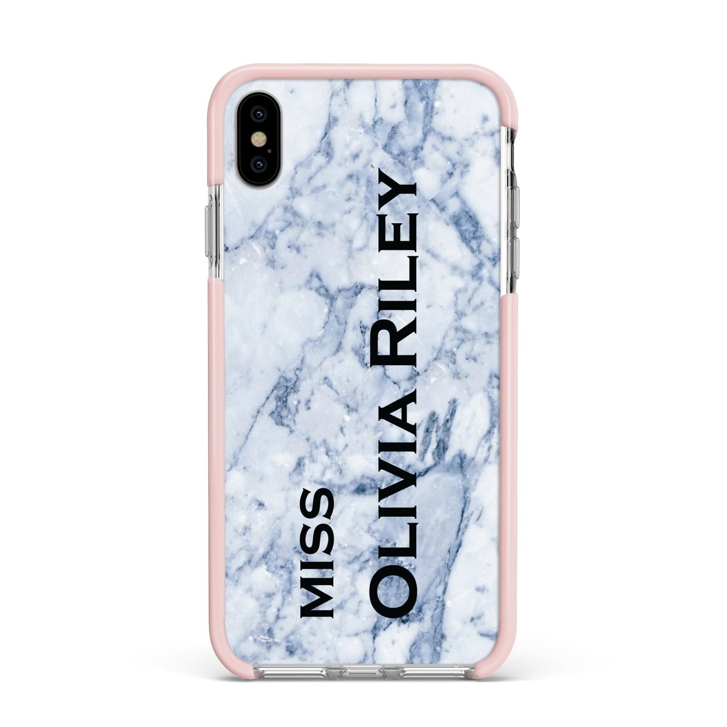 Full Name Grey Marble Apple iPhone Xs Max Impact Case Pink Edge on Silver Phone