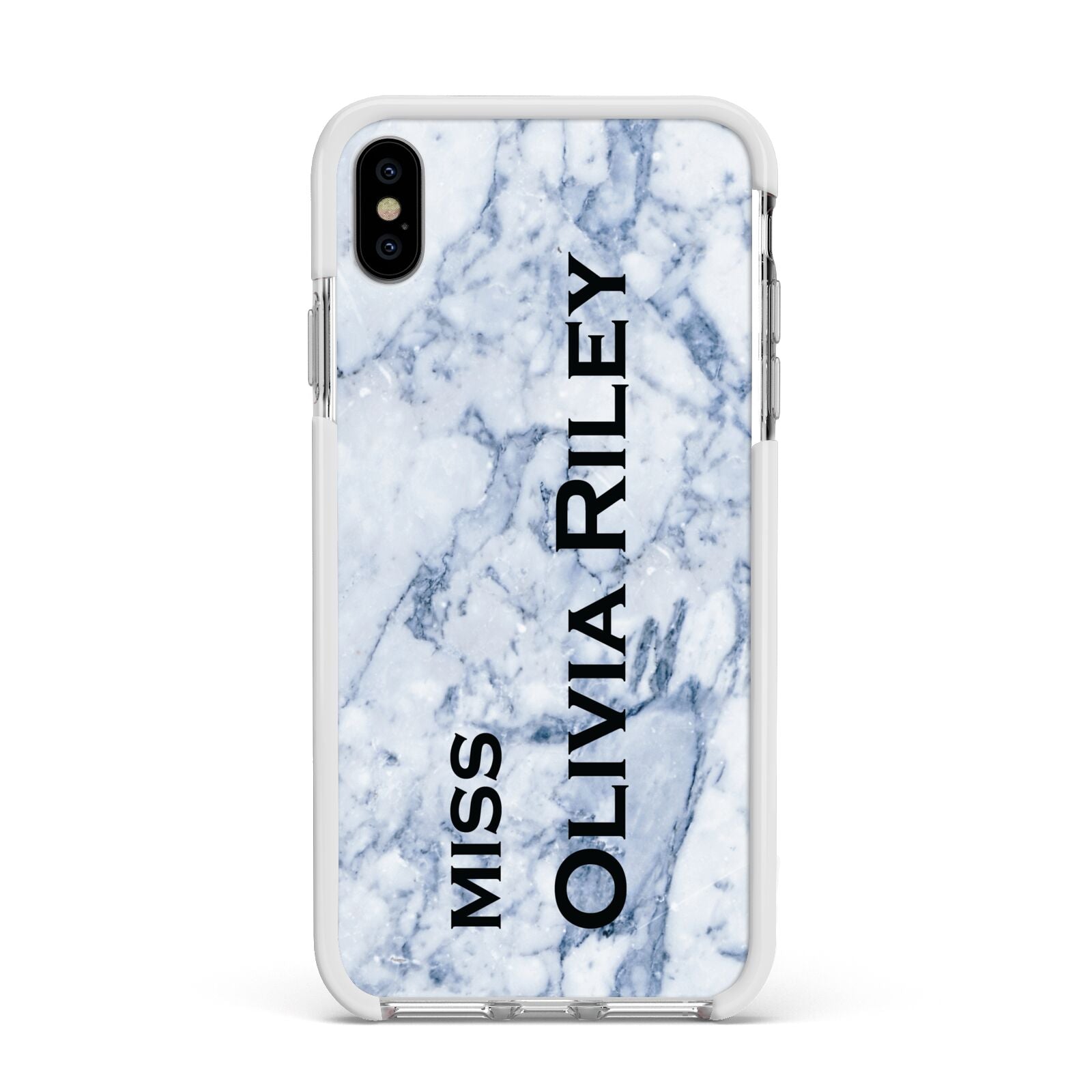 Full Name Grey Marble Apple iPhone Xs Max Impact Case White Edge on Silver Phone