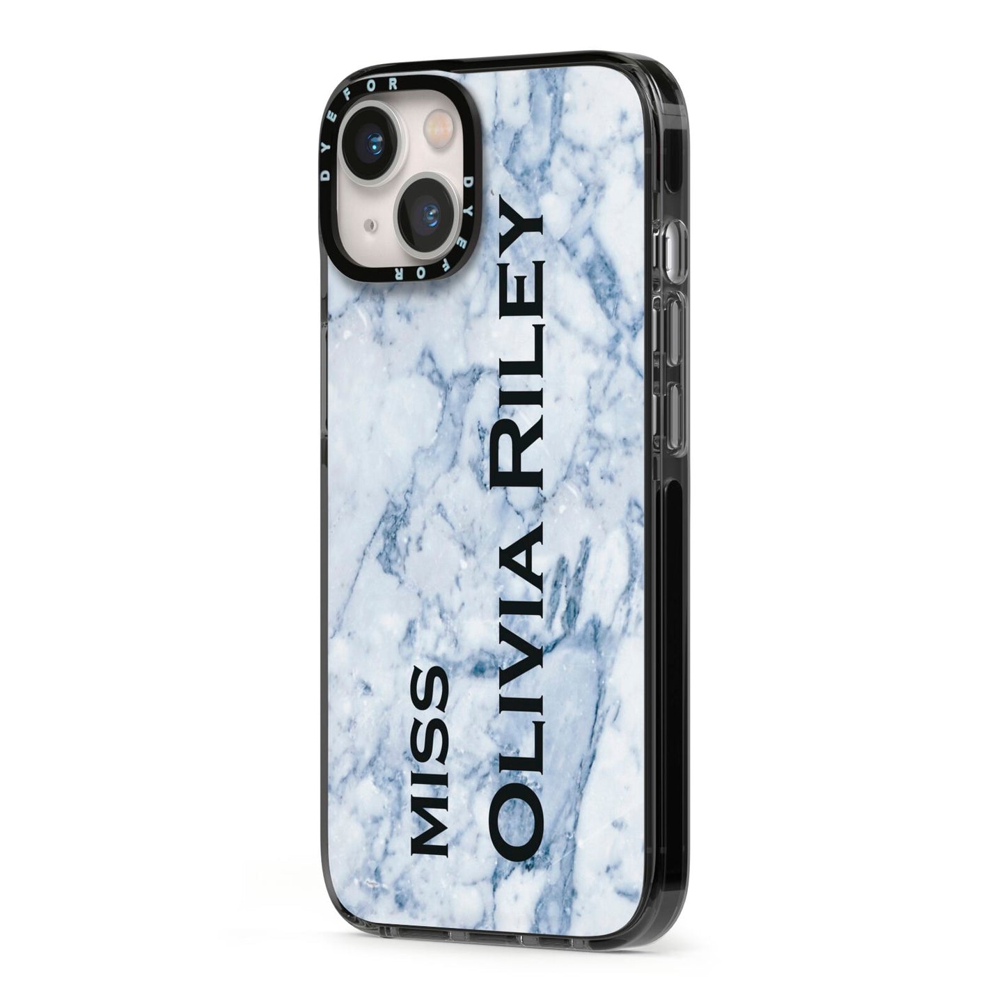 Full Name Grey Marble iPhone 13 Black Impact Case Side Angle on Silver phone