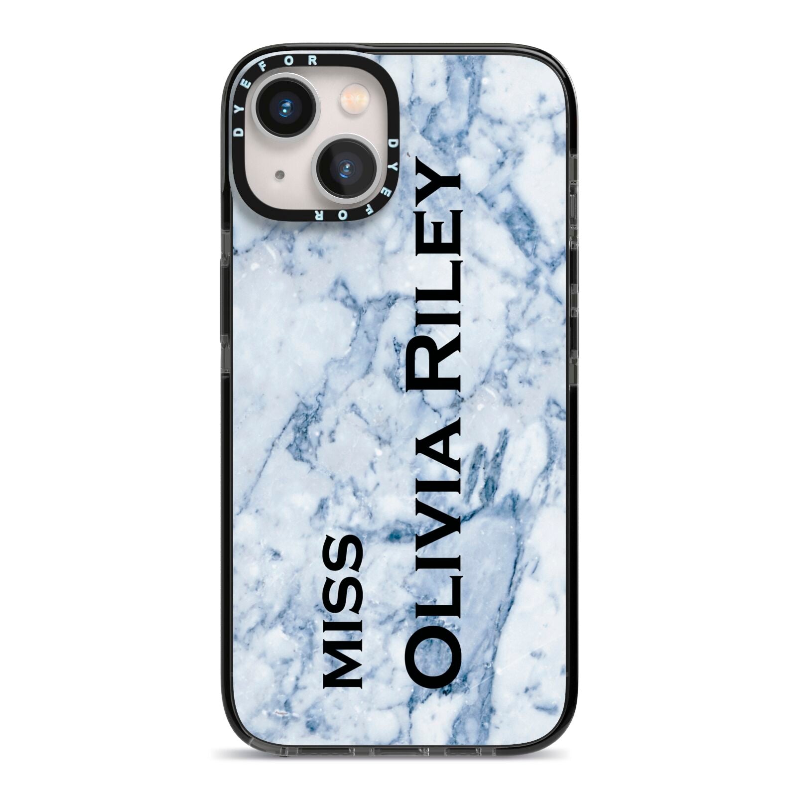 Full Name Grey Marble iPhone 13 Black Impact Case on Silver phone