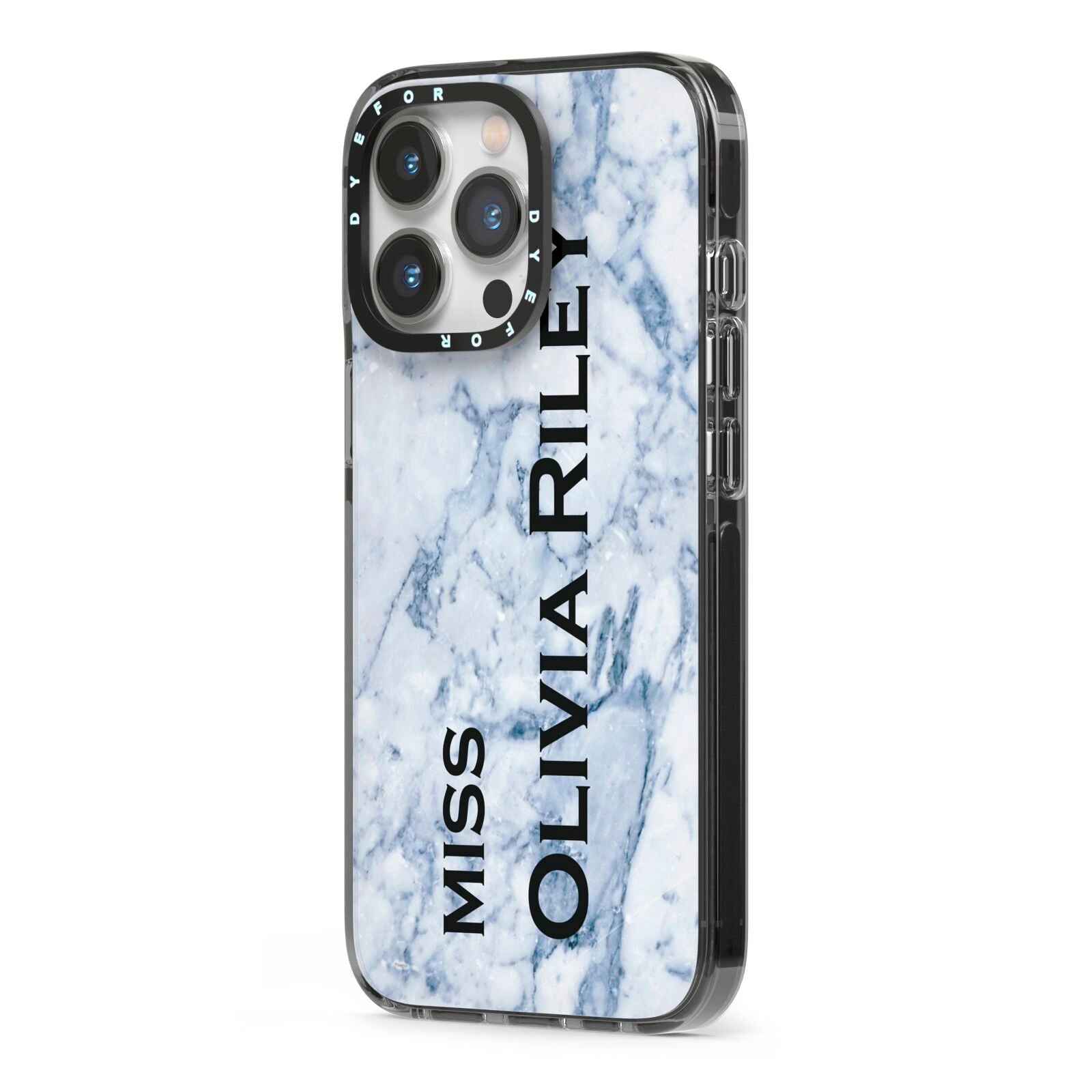 Full Name Grey Marble iPhone 13 Pro Black Impact Case Side Angle on Silver phone