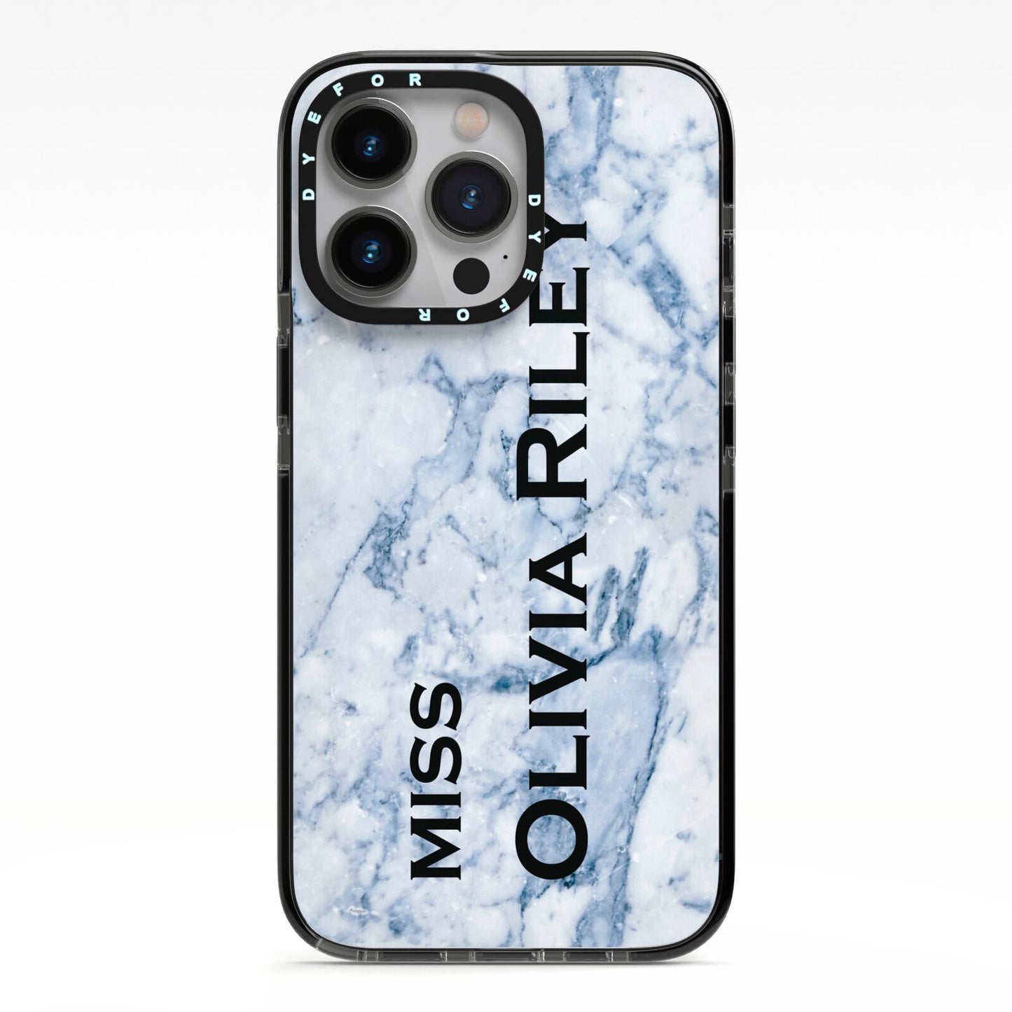 Full Name Grey Marble iPhone 13 Pro Black Impact Case on Silver phone